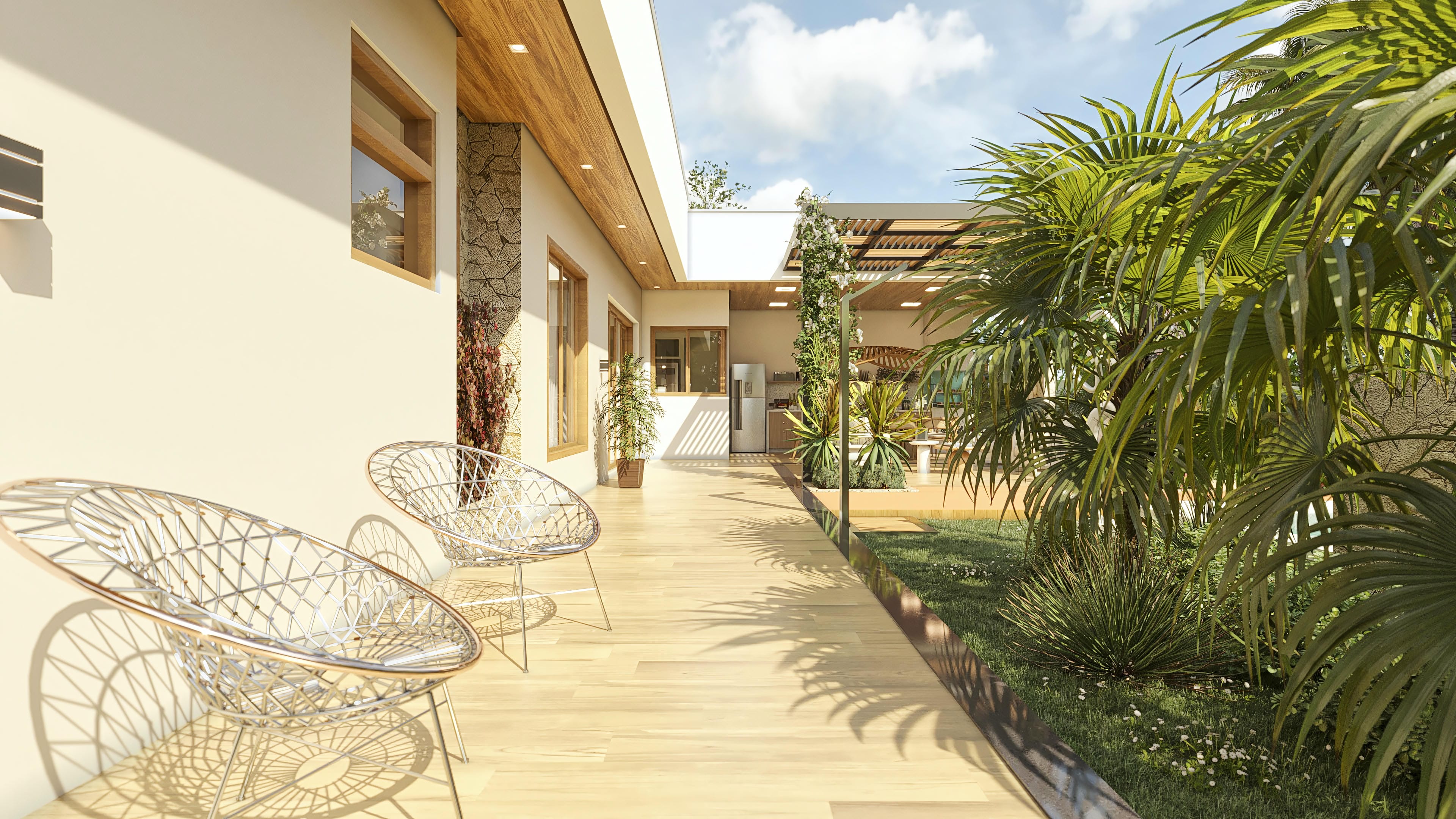 Visão externa de uma casa térrea moderna, destacando a fachada com acabamentos em pedra e madeira, a área gourmet com pergolado e paisagismo exuberante com piscina.