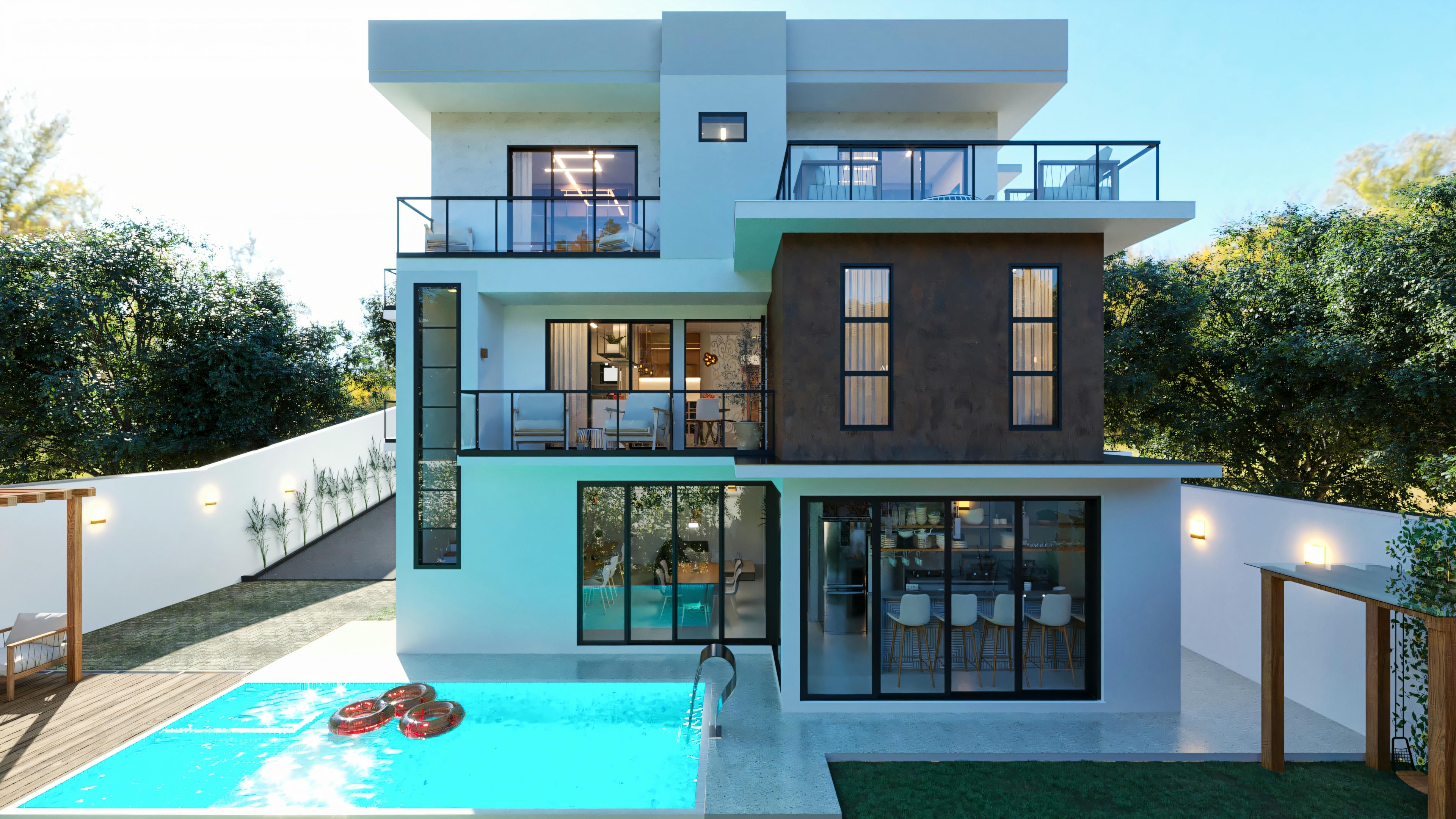 Complete facade of a modern multi-story house, pool in the foreground, balconies with glass railings, and large windows. This 20x25 lot house project has 394.84sqm, 4 suites, gourmet area visible on the ground floor, office, and 3 garage spaces.