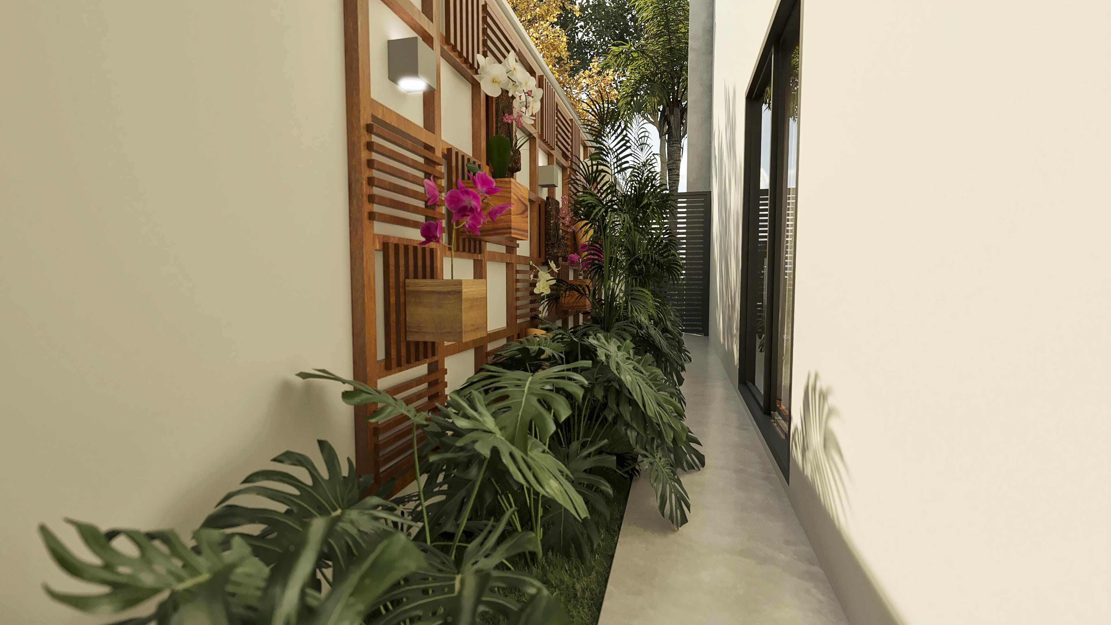 Detail of the side garden of a modern two-story house with lush landscaping and slatted wood panel. Highlighting tropical plants, orchids, and built-in lighting.