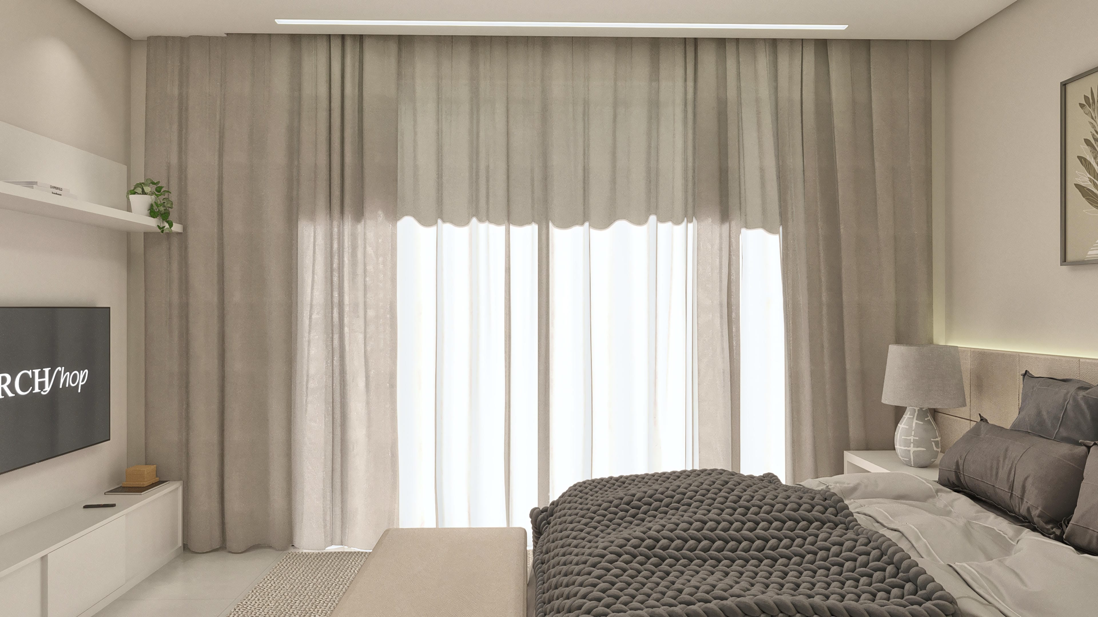 Detalle de suite con aire acondicionado, elegantes cortinas y muebles a medida, ideal para proyectos de casas de lujo.
