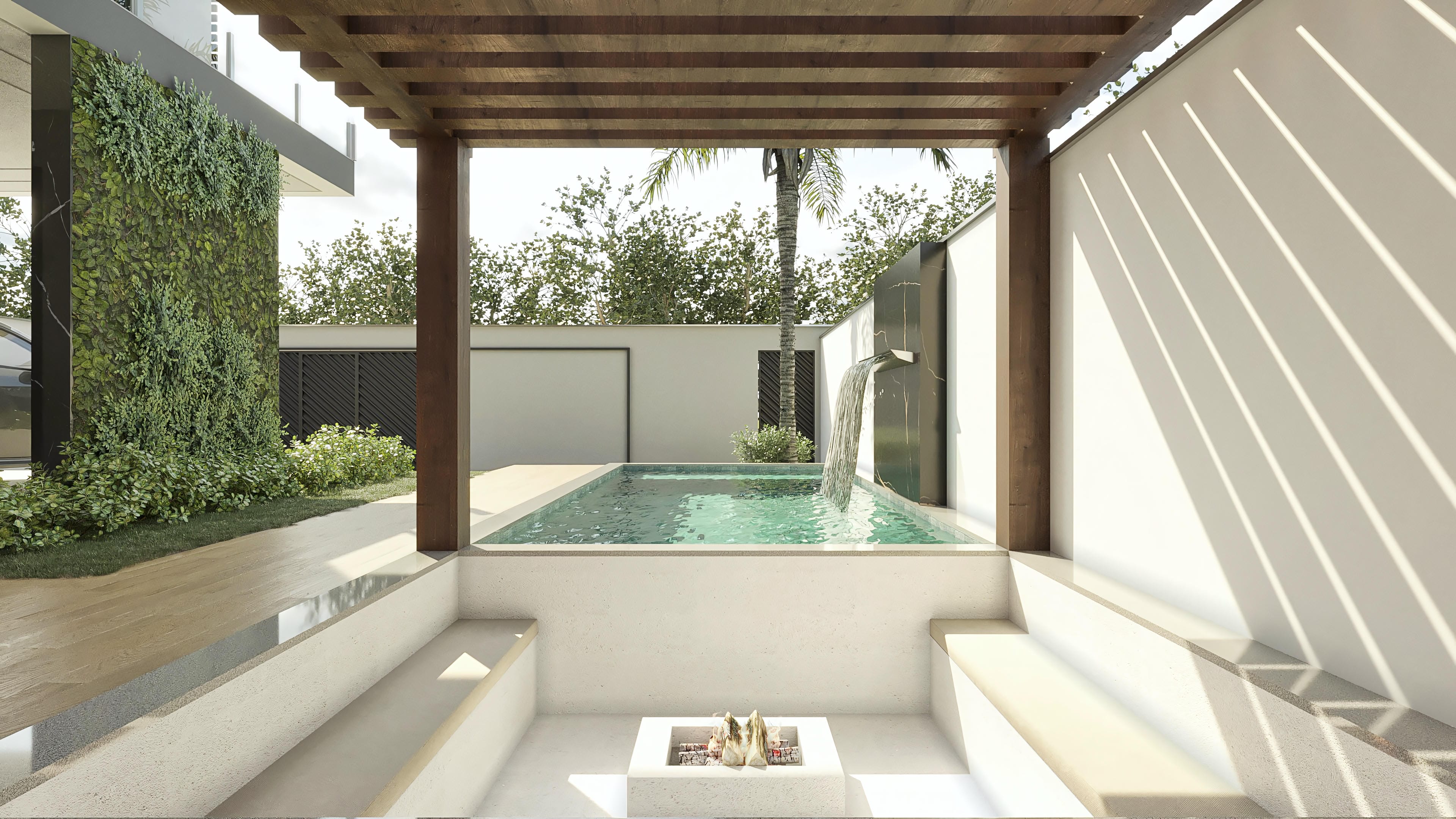 Vista del área gourmet de una casa de dos plantas moderna con piscina y cascada. Detalles en madera, vegetación vertical e iluminación estratégica.