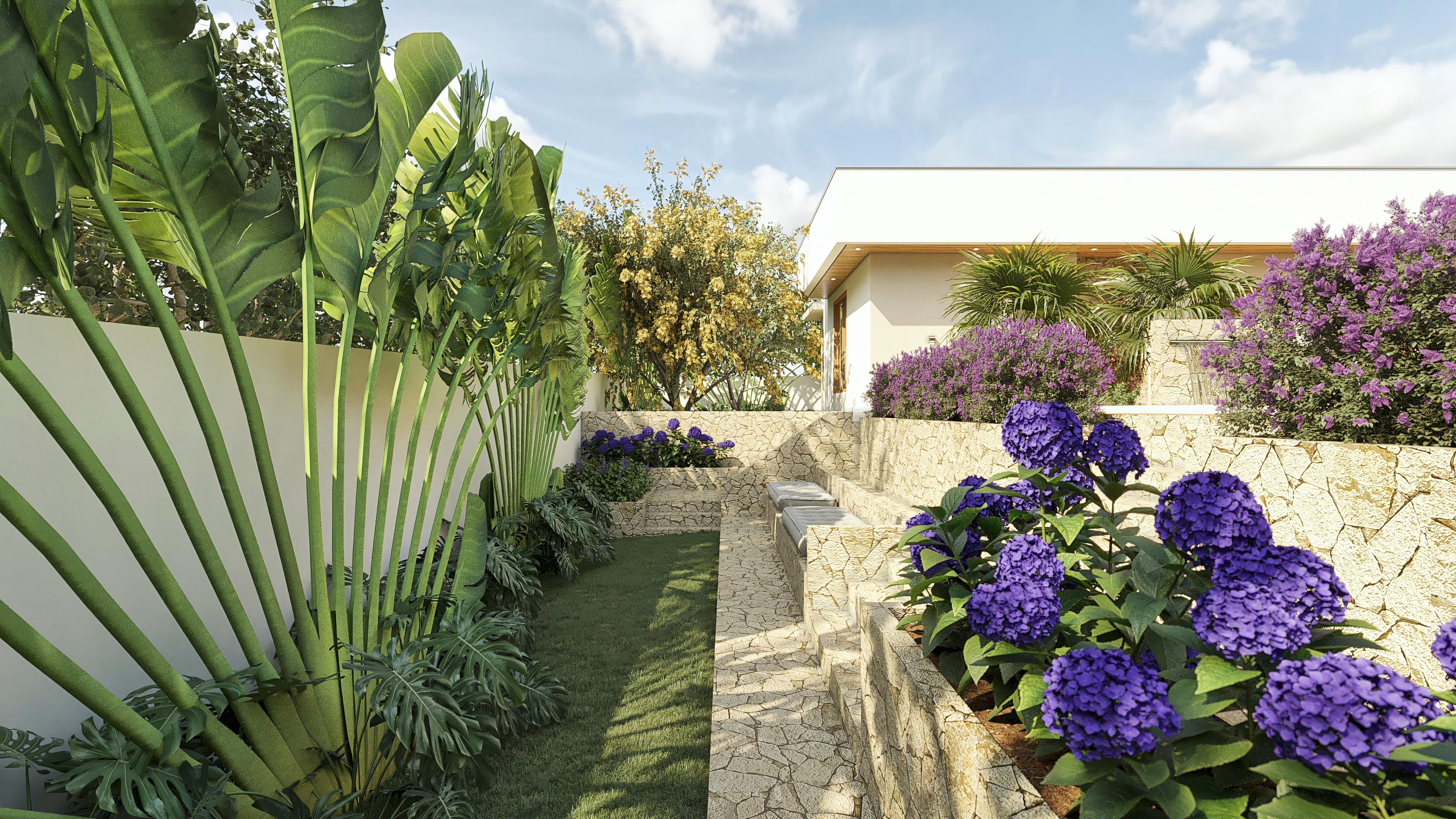 Visión externa de casa de una planta moderna con paredes blancas, techo oculto y ventanas amplias, integrada a un paisajismo exuberante con flores moradas y vegetación tropical.