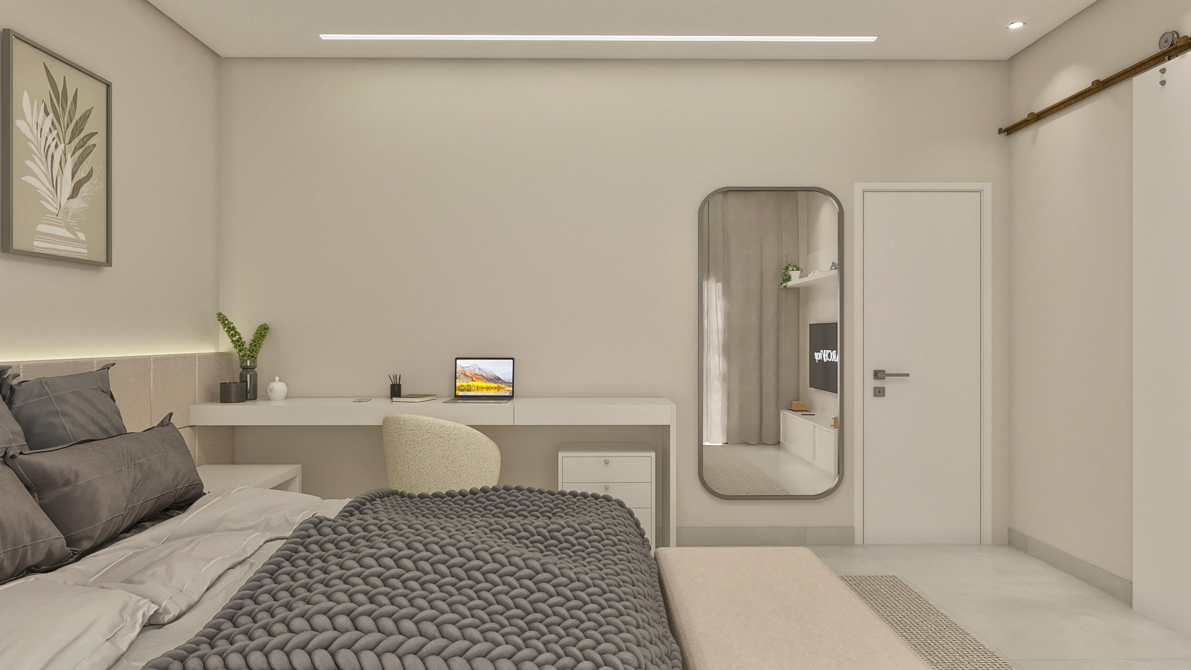 Interior de un dormitorio elegante con cama cómoda, escritorio moderno y espejo decorativo. Diseño de casa con 4 suites.