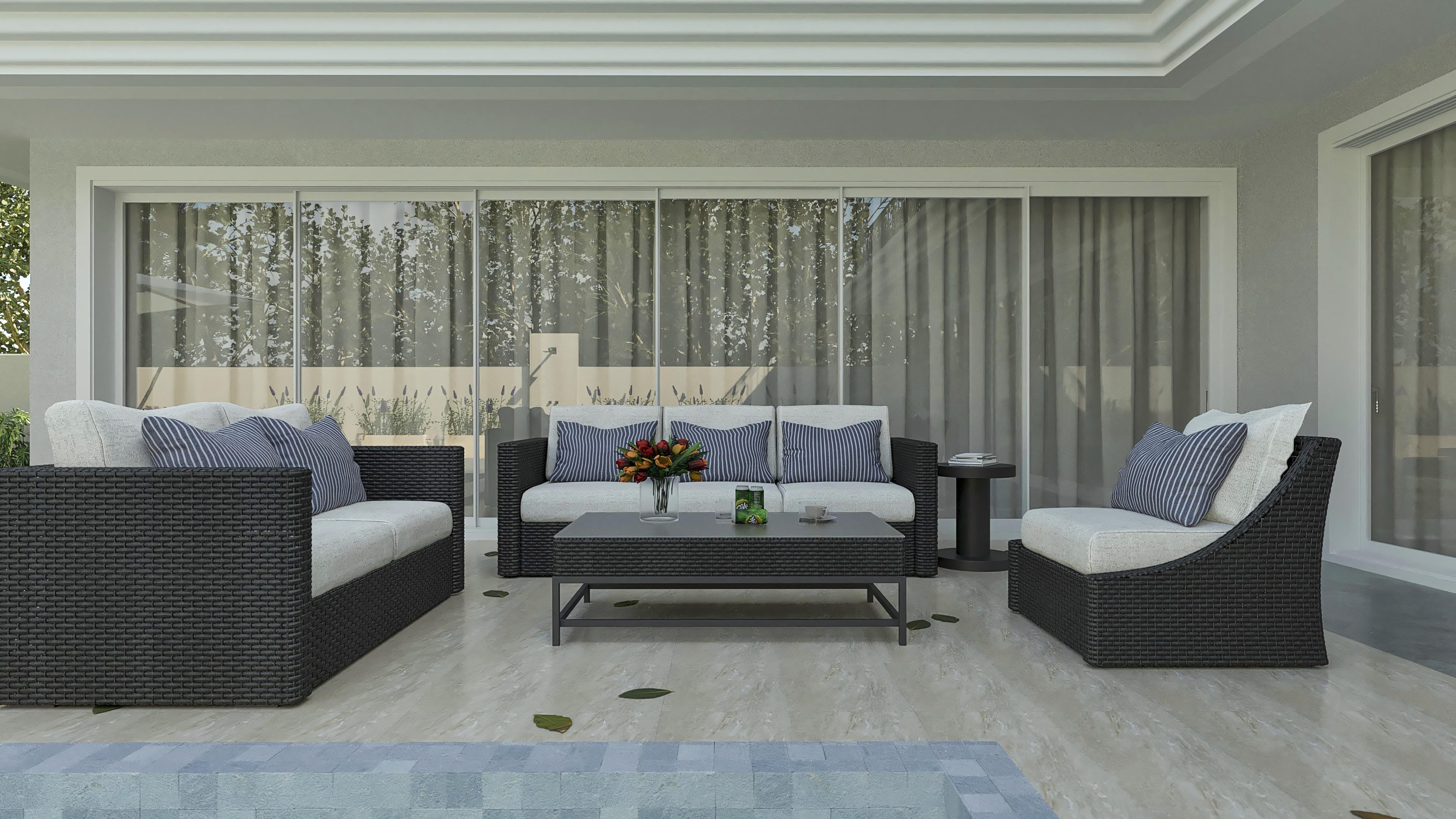 Área gourmet de sobrado neoclássico de alto padrão com piscina, mobiliário confortável e piso em mármore, ideal para lazer e convivência.