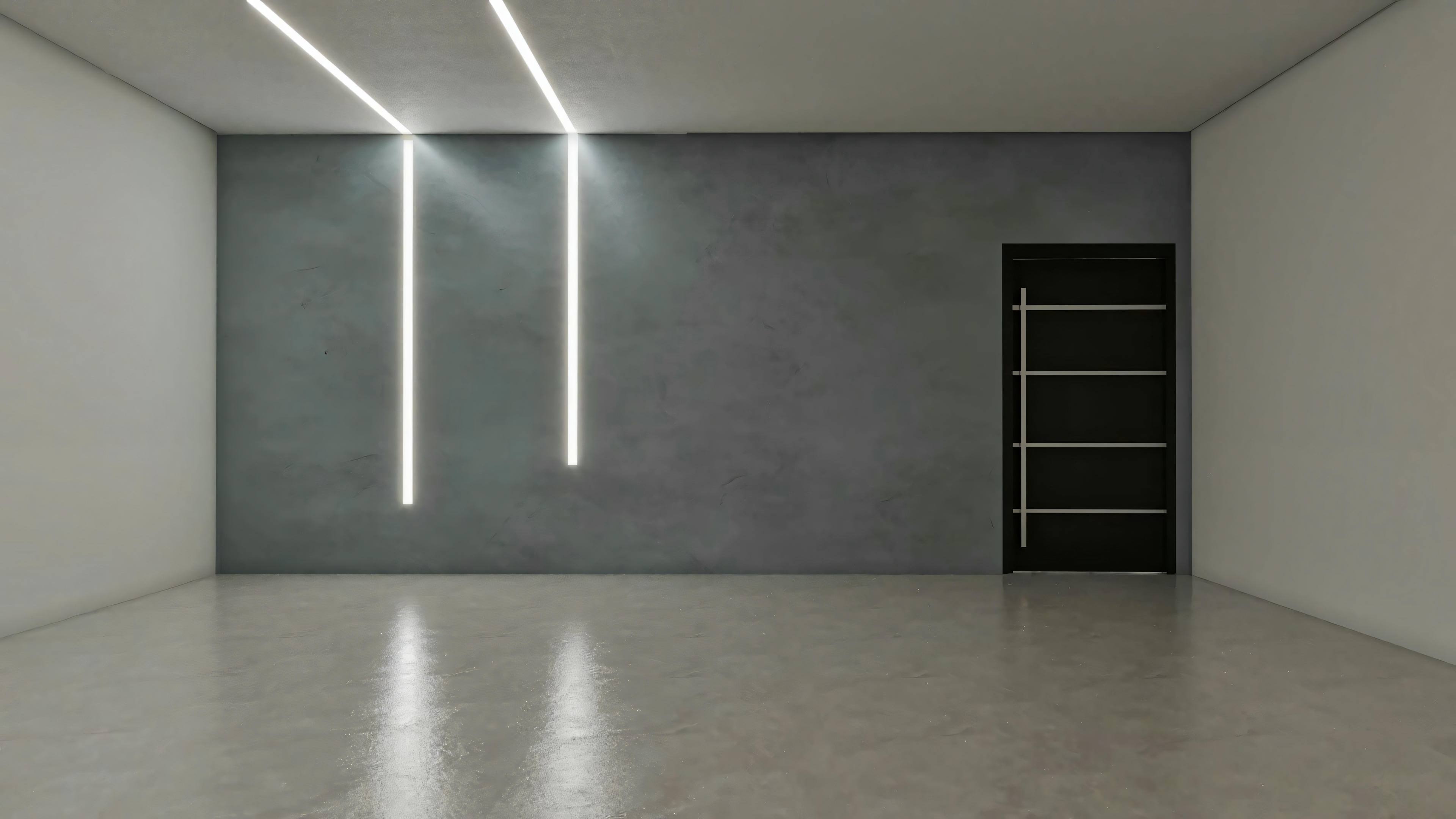 Ambiente interno de projeto residencial de luxo com parede de destaque em acabamento cinza texturizado (cimento queimado ou similar), iluminação linear de LED embutida na parede e teto, piso cinza polido e porta moderna escura.