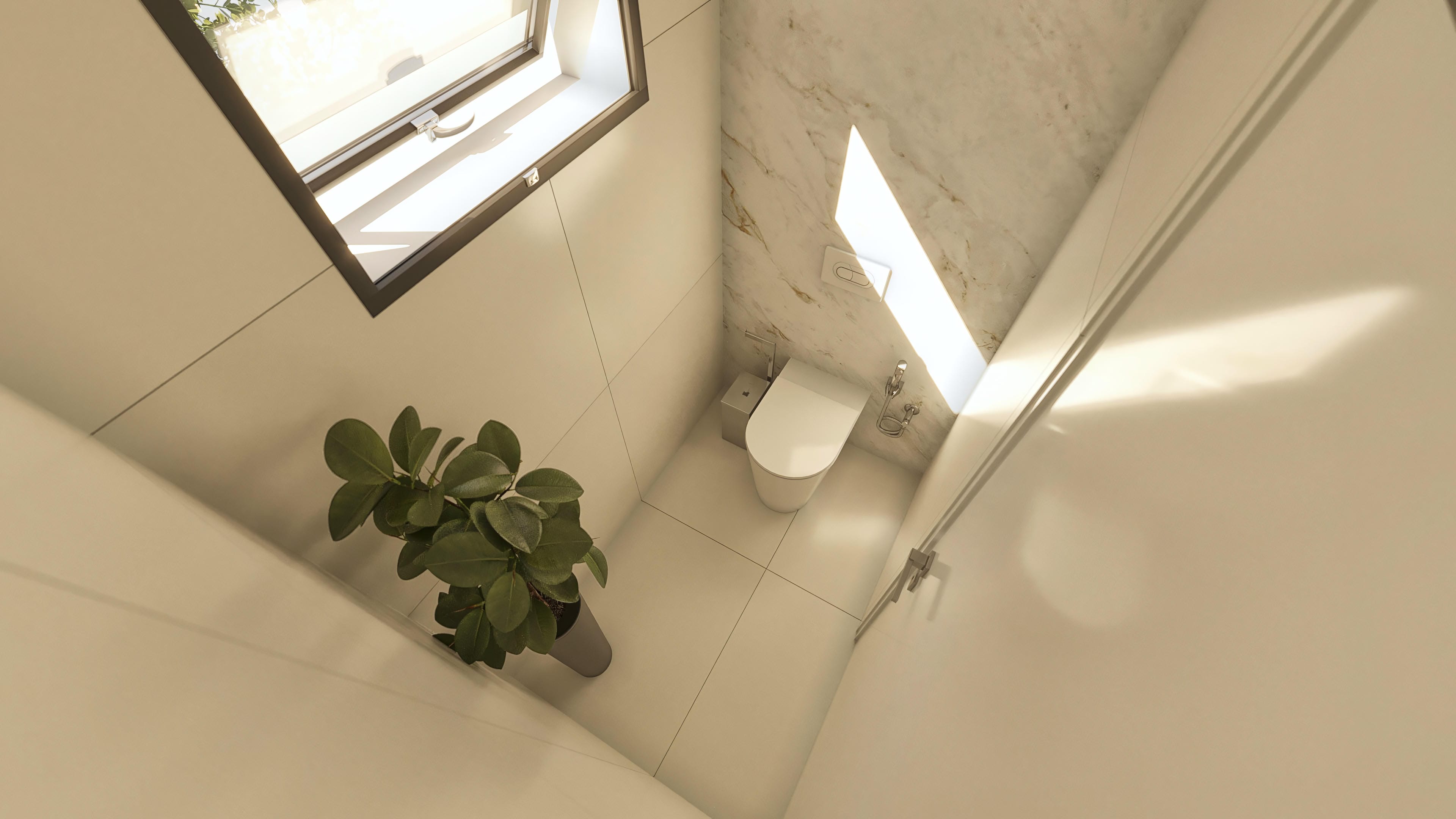 Bancada em mármore nobre em banheiro moderno, com vaso sanitário suspenso e box com acabamento clean. Janela maximiza iluminação natural e ventilação.