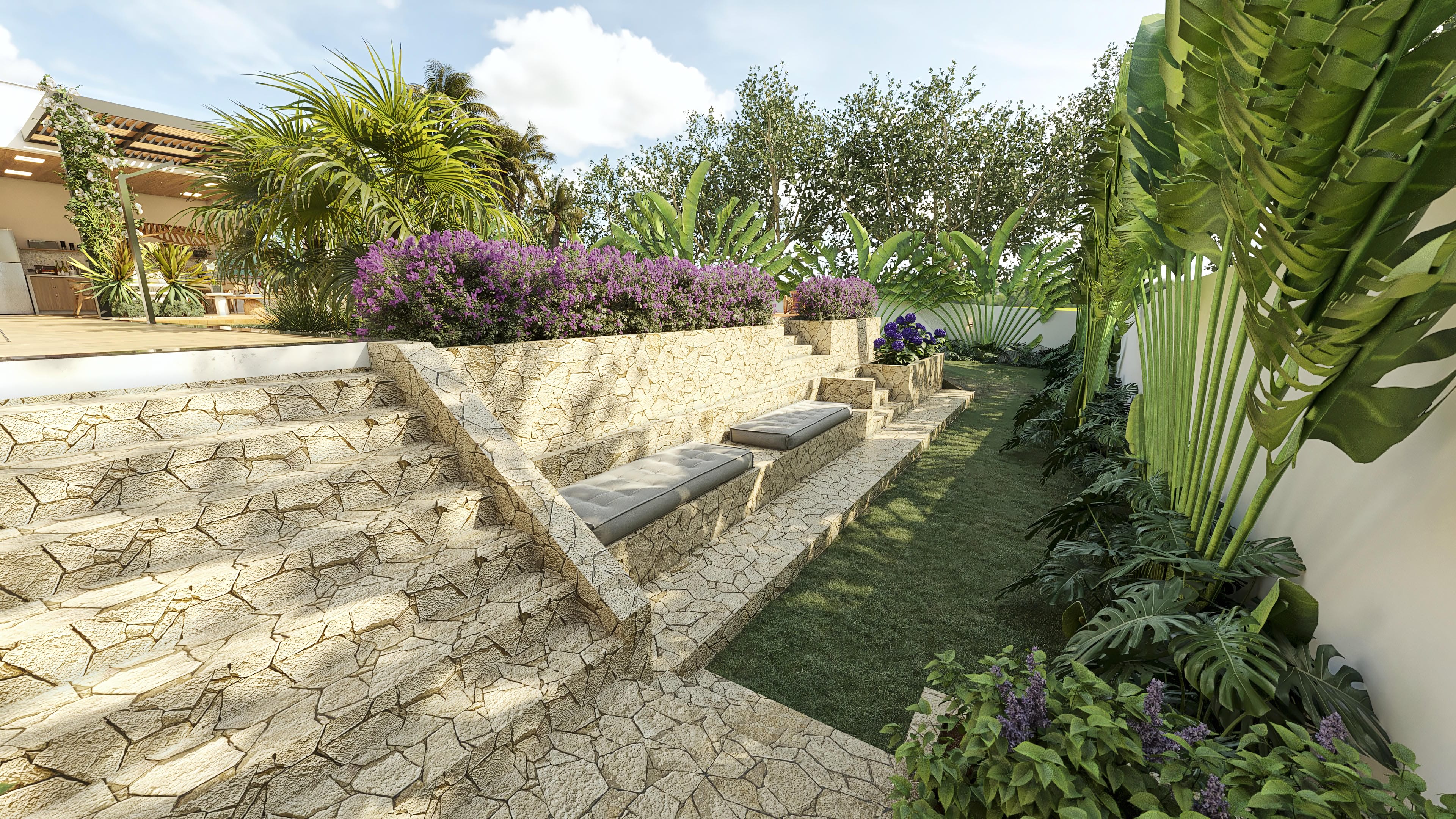 Escalones de piedra natural en tonos tierra con asientos integrados, rodeados por vegetación exuberante y flores moradas, conectando el área externa.