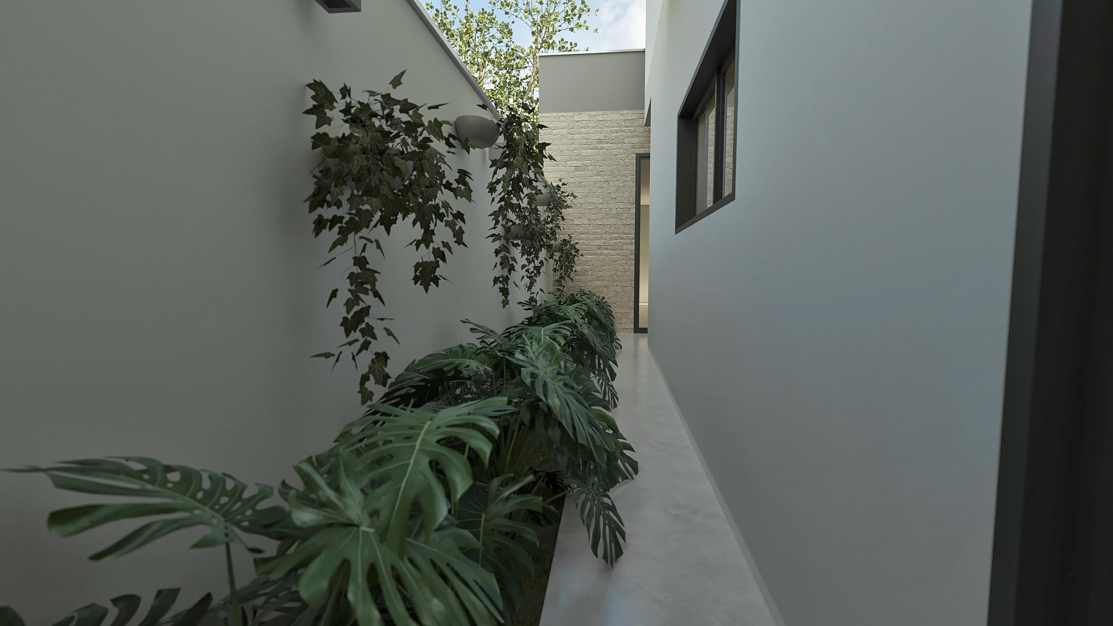 External hallway with smooth walls in neutral tones, lush vegetation in a vertical garden, and natural stone details, creating a modern and cozy environment.