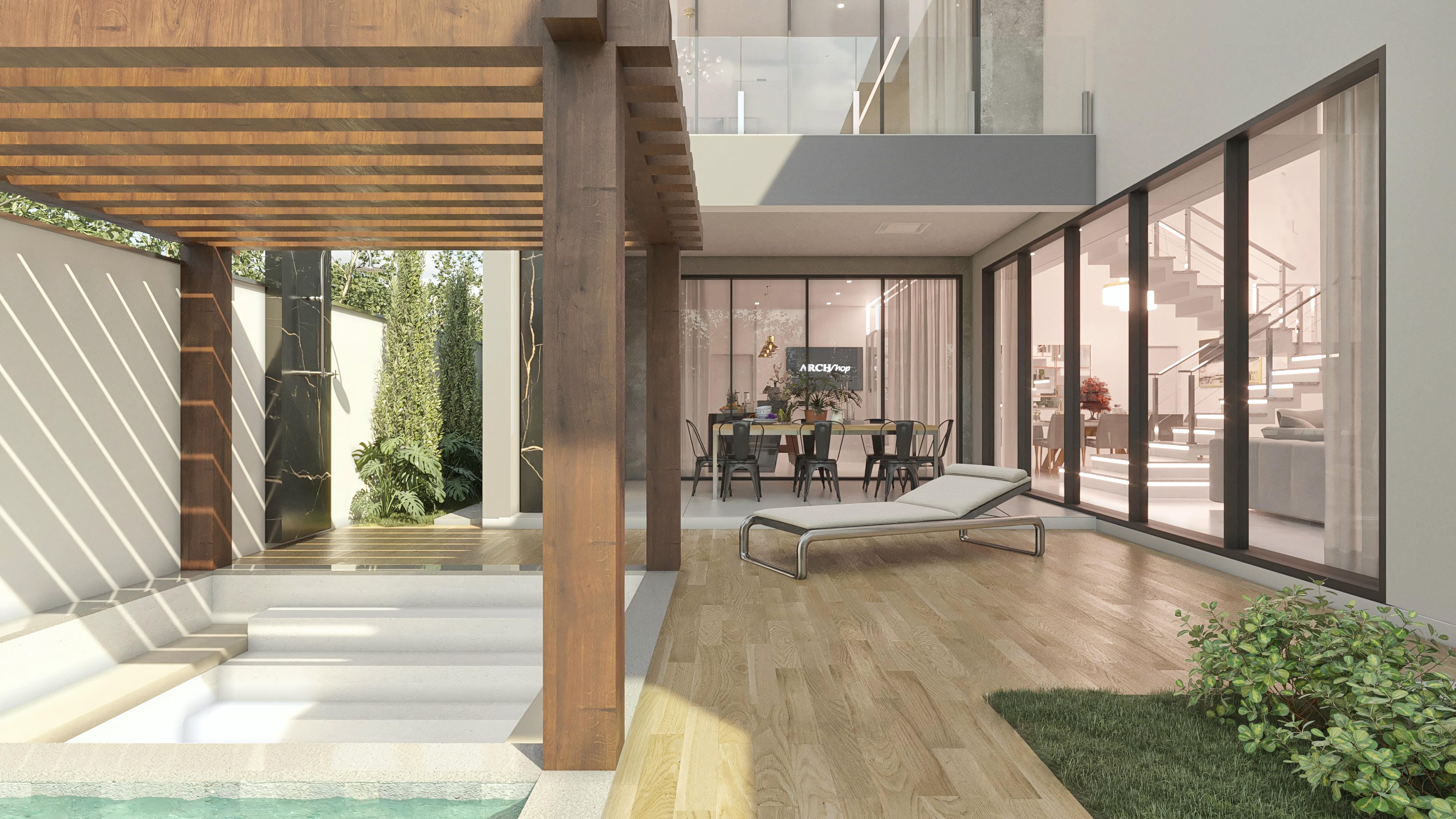 External view of a modern two-story house with 4 suites, gourmet area, pool, wooden pergola, and facade with large glass windows.