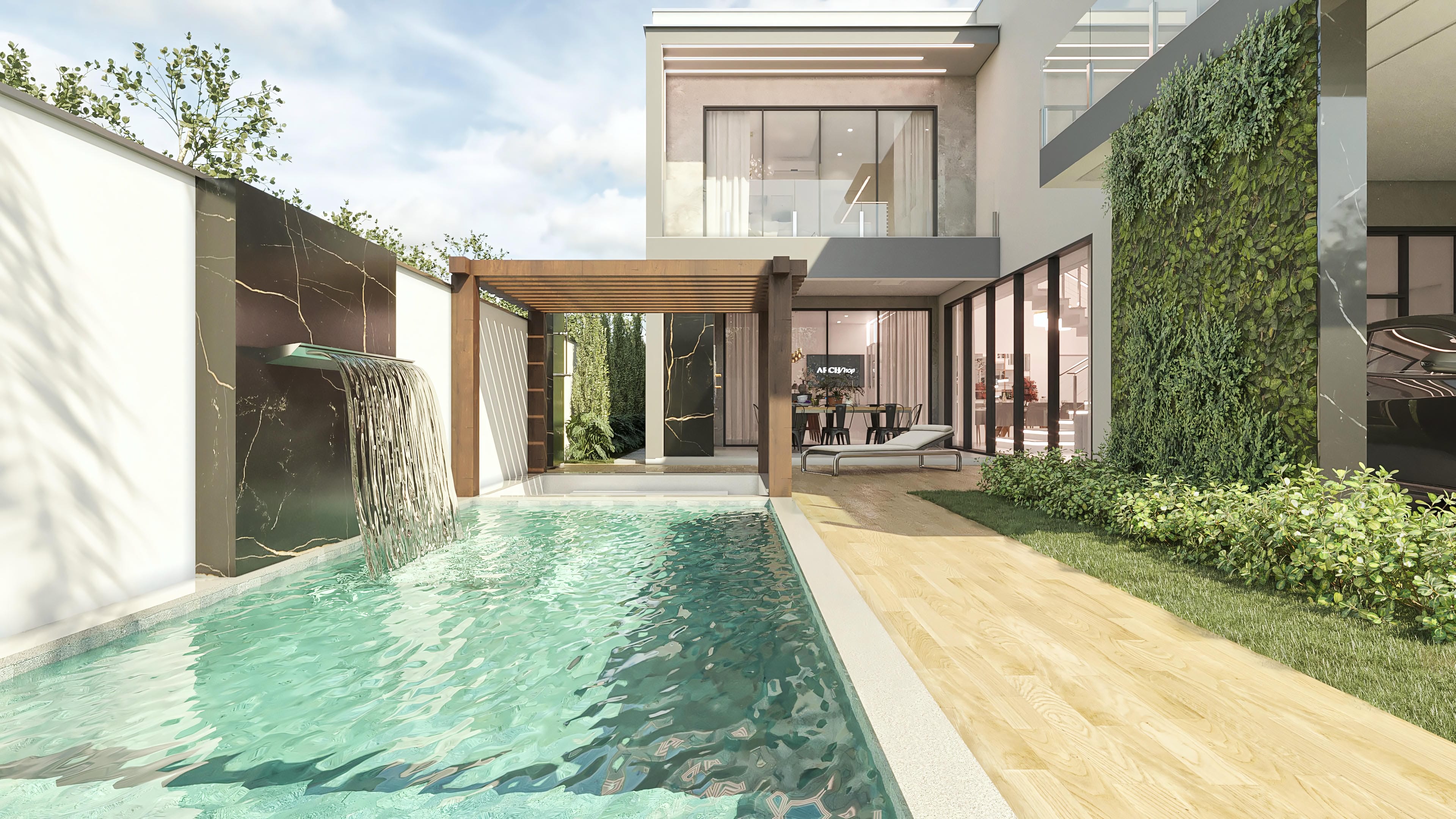 Fachada de casa moderna con 4 suites, piscina con cascada, área gourmet integrada y paisajismo exuberante.