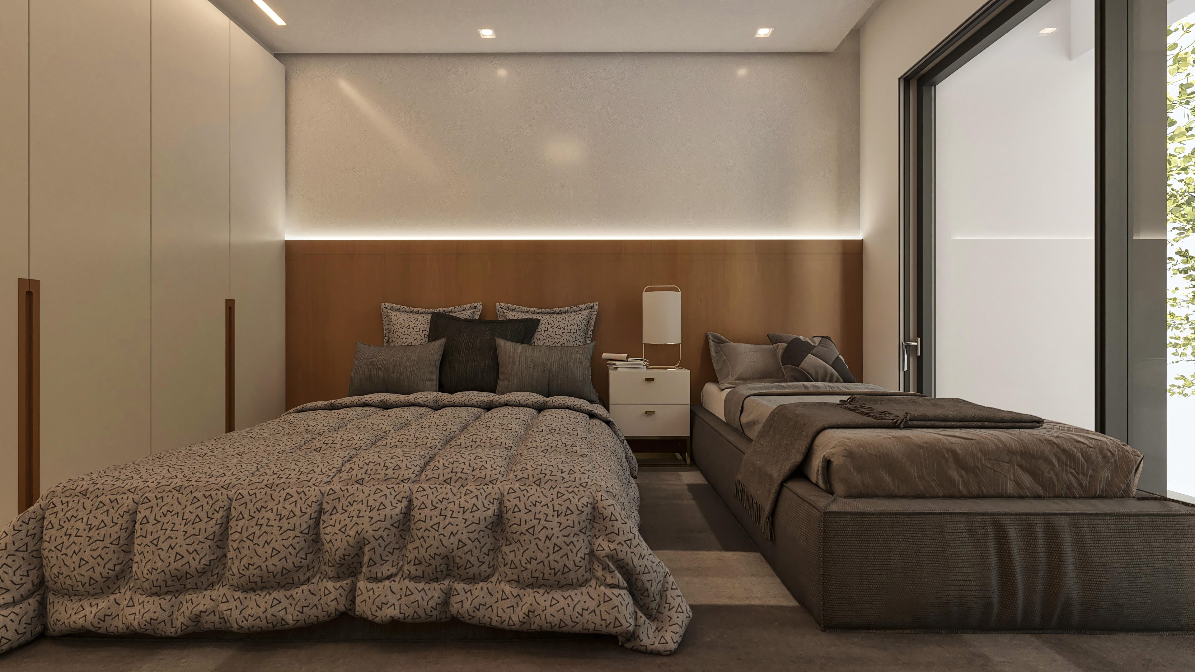 Interior de un dormitorio moderno con dos camas individuales y una cama doble, iluminación empotrada y amplios ventanales.