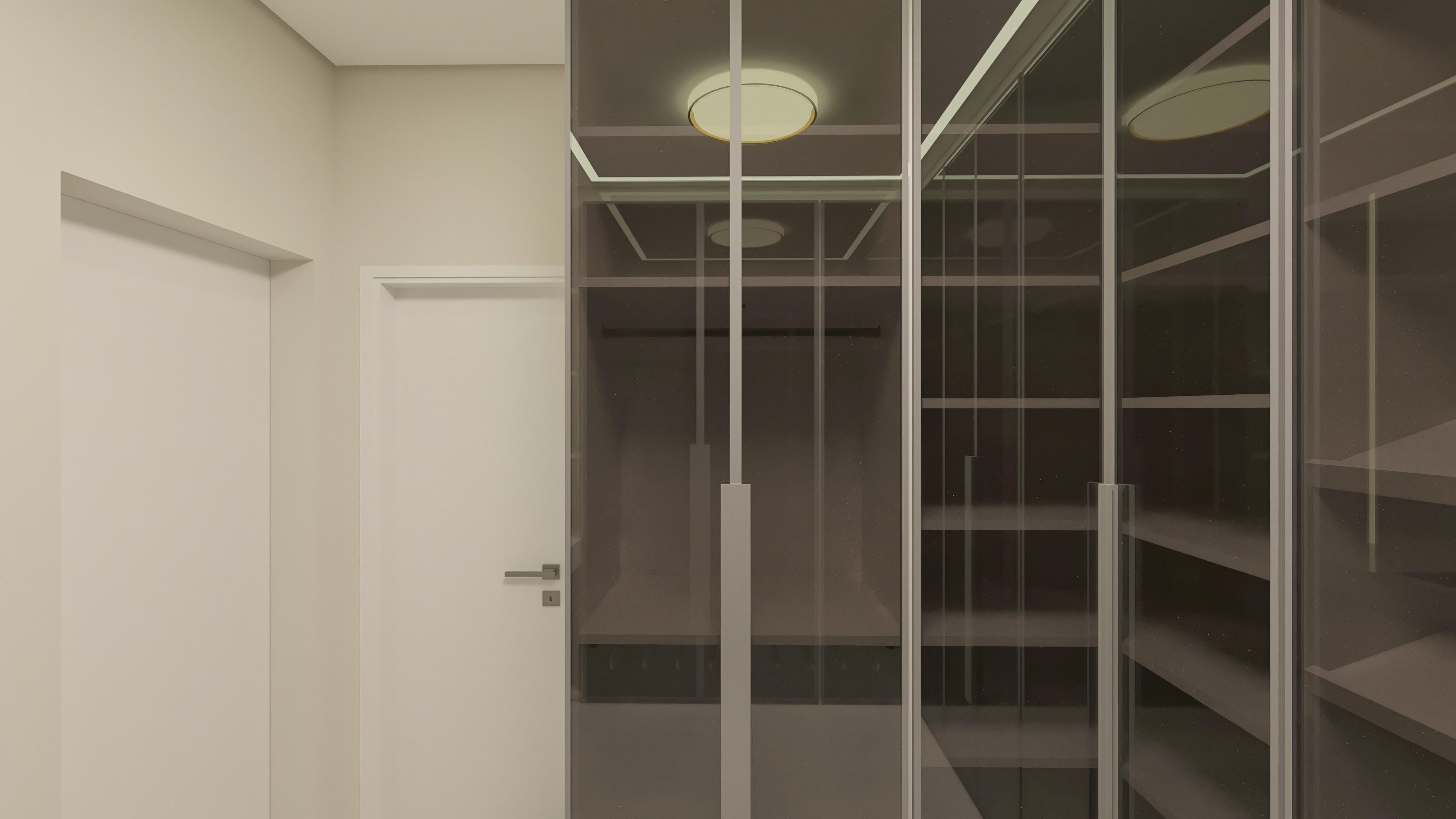 Custom wardrobe with mirrored glass doors and built-in internal shelves, ceiling lighting with a gold finish.