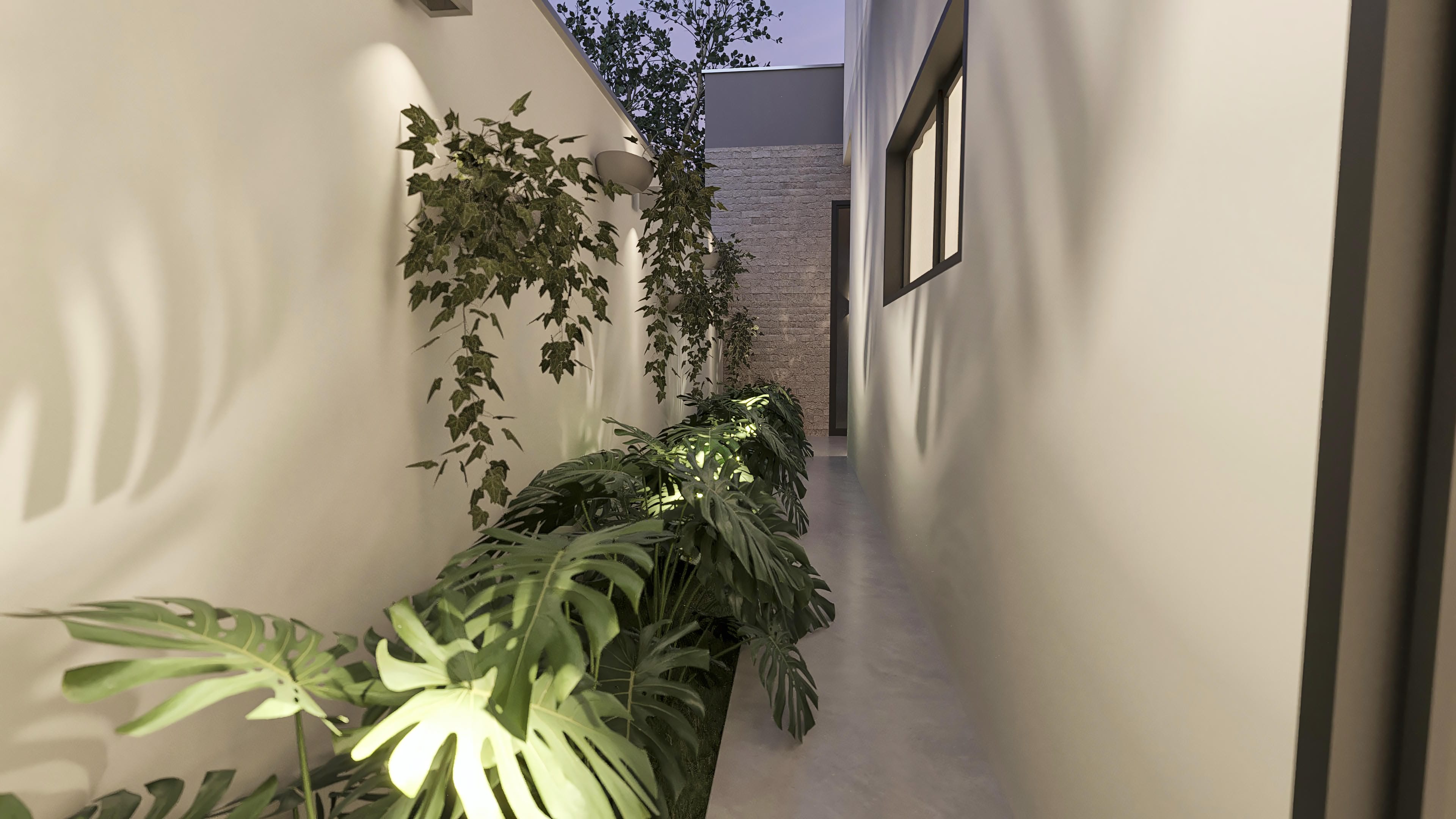 Iluminación suave destaca vegetación exuberante y texturas de paredes en un pasillo moderno. La arquitectura limpia permite que la naturaleza sea la protagonista.