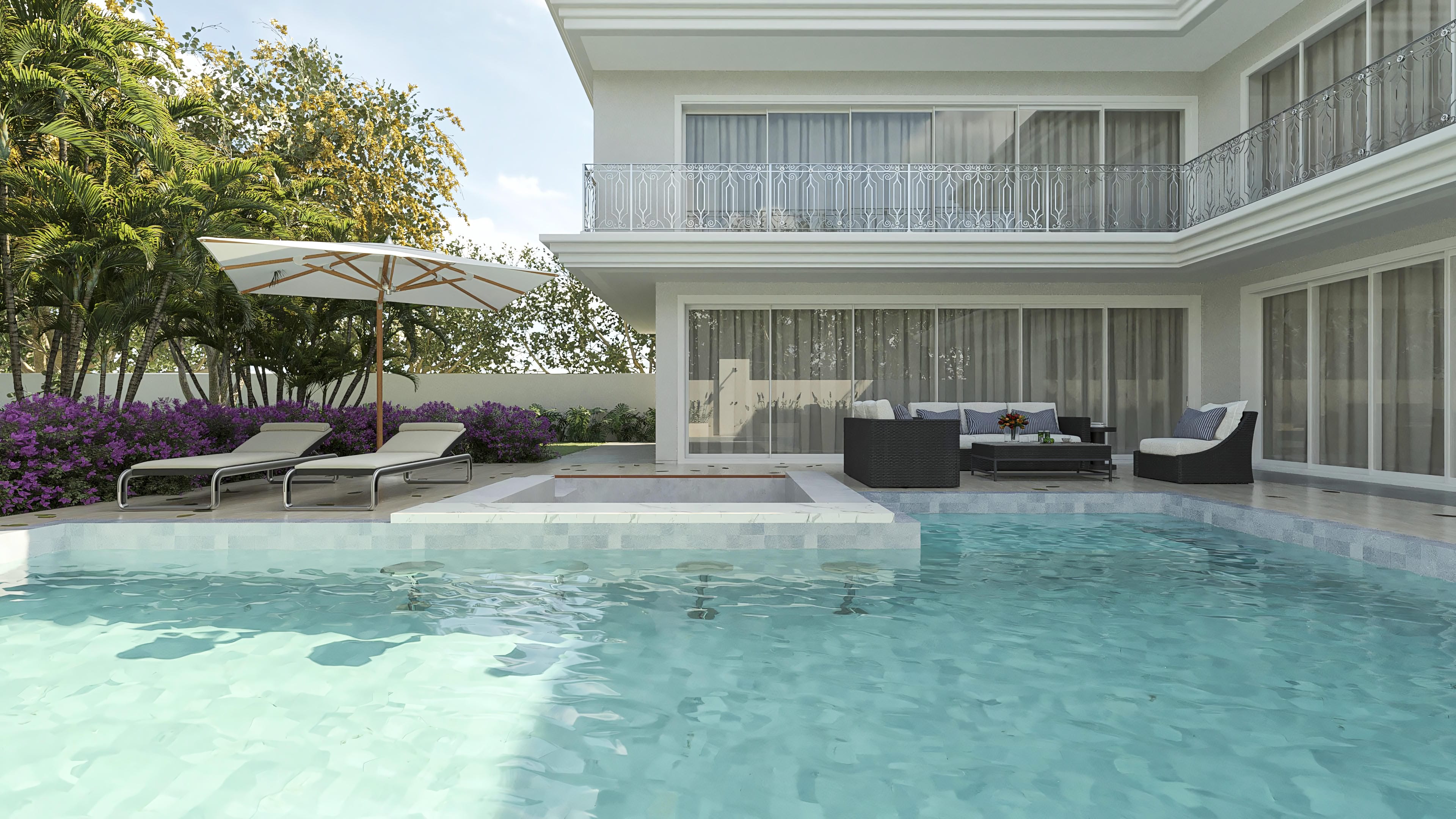 Vista exterior de casa de dos plantas neoclásica con 5 habitaciones, piscina y área gourmet, con exuberante paisajismo y tumbonas.