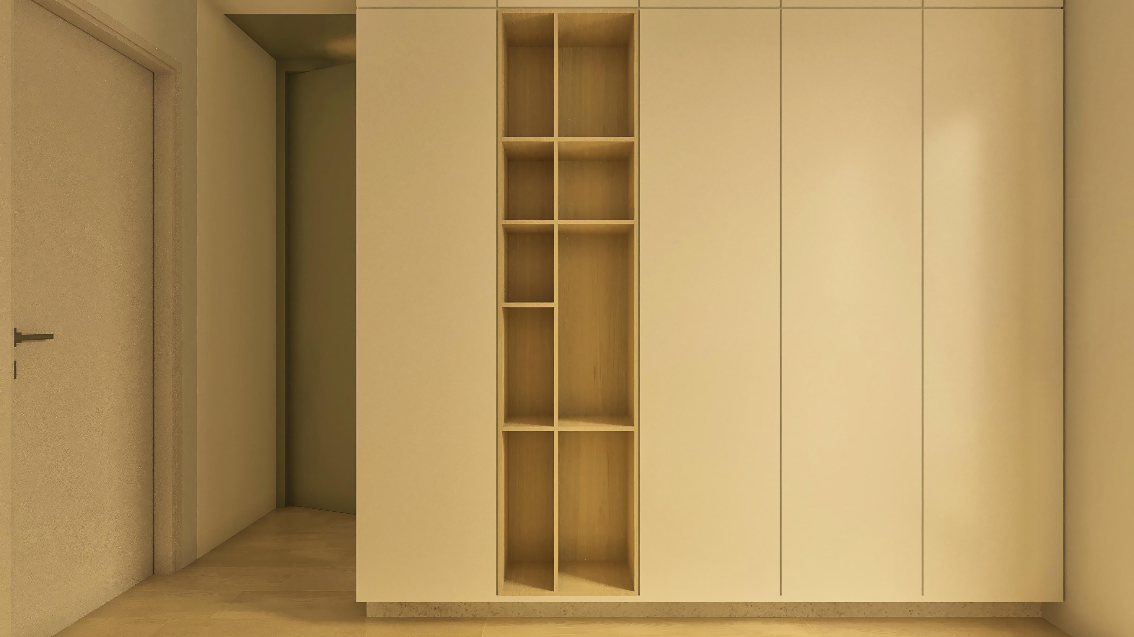 Armario moderno con nichos de madera clara integrada a una puerta corrediza de madera clara y acabado en la pared.