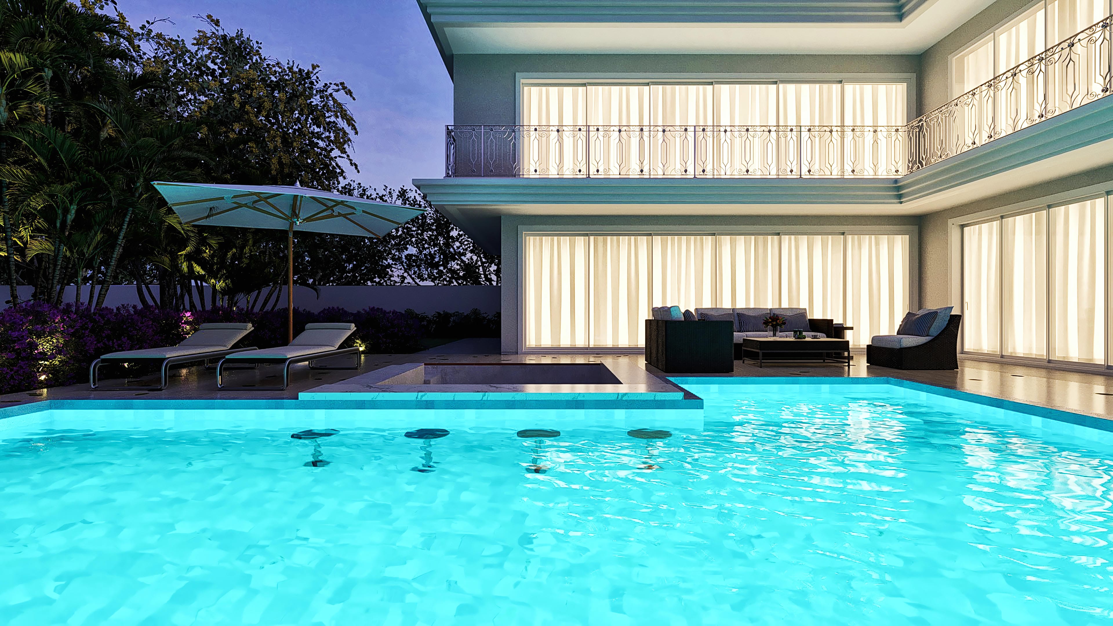 Fachada neoclásica de casa de dos plantas con 5 habitaciones, piscina y área gourmet, destacando detalles clásicos y acabados de alto estándar.
