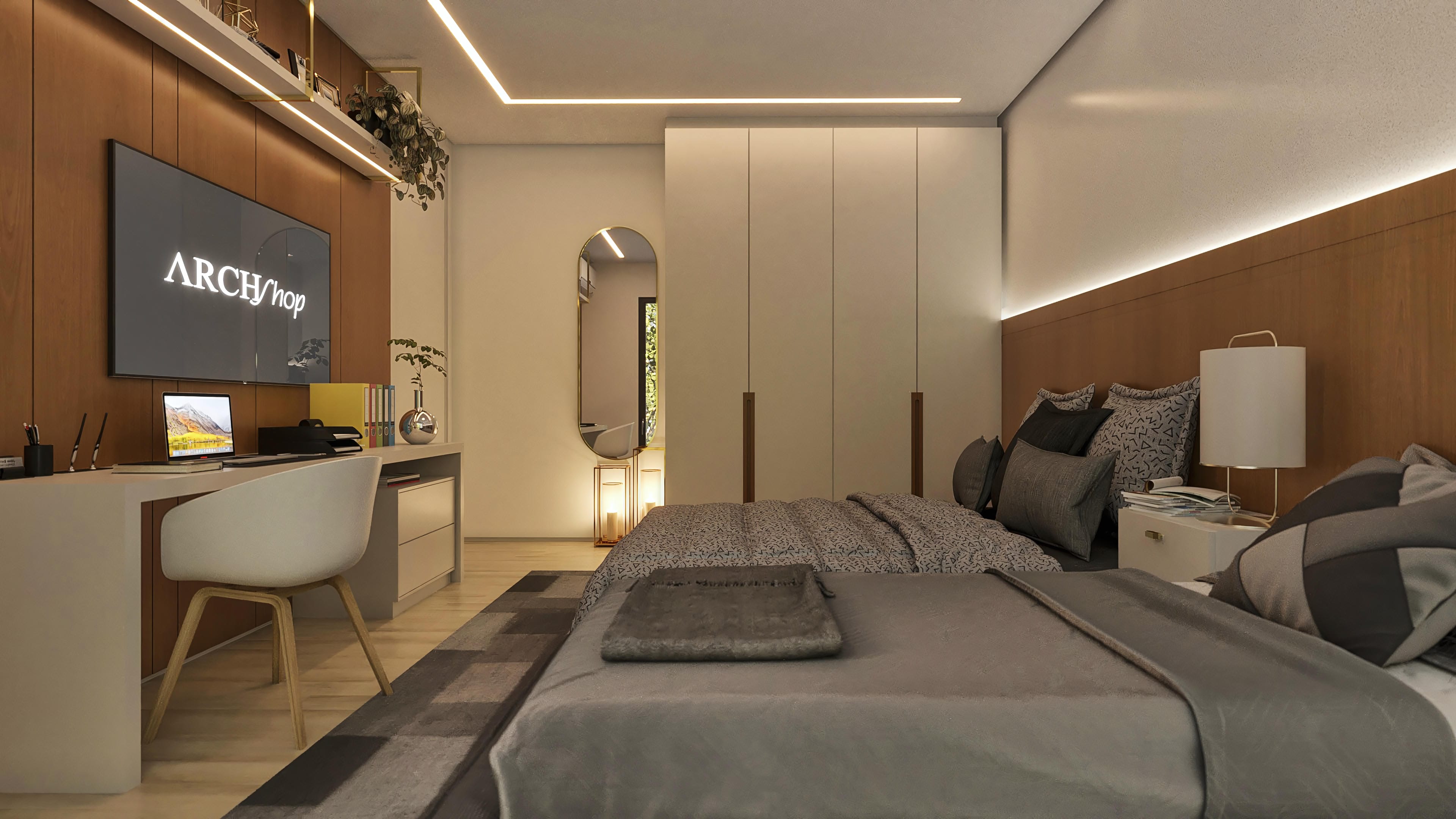 Internal view of a luxury bedroom with king-size bed, integrated office, and closet, highlighting wooden panels, indirect lighting, and oval mirror.