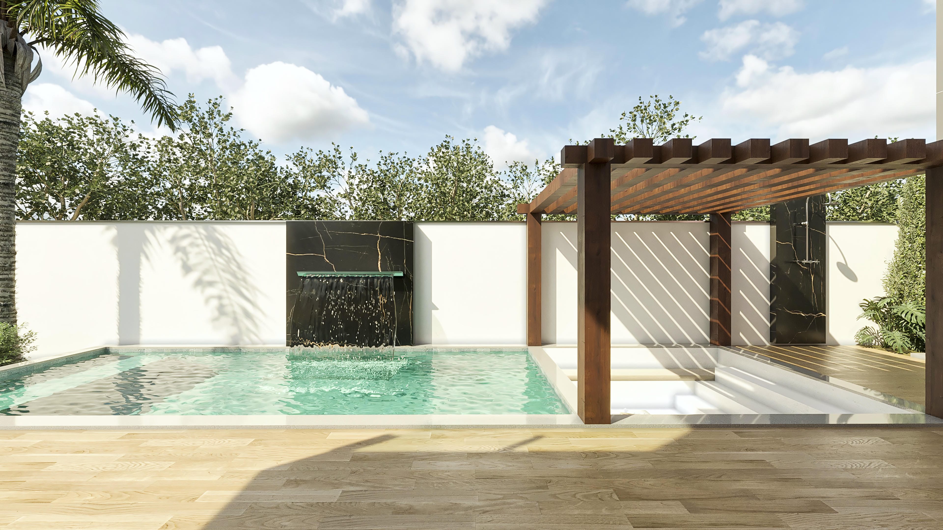 Vista externa de sobrado moderno com piscina, área gourmet, cascata em mármore preto e deck de madeira.