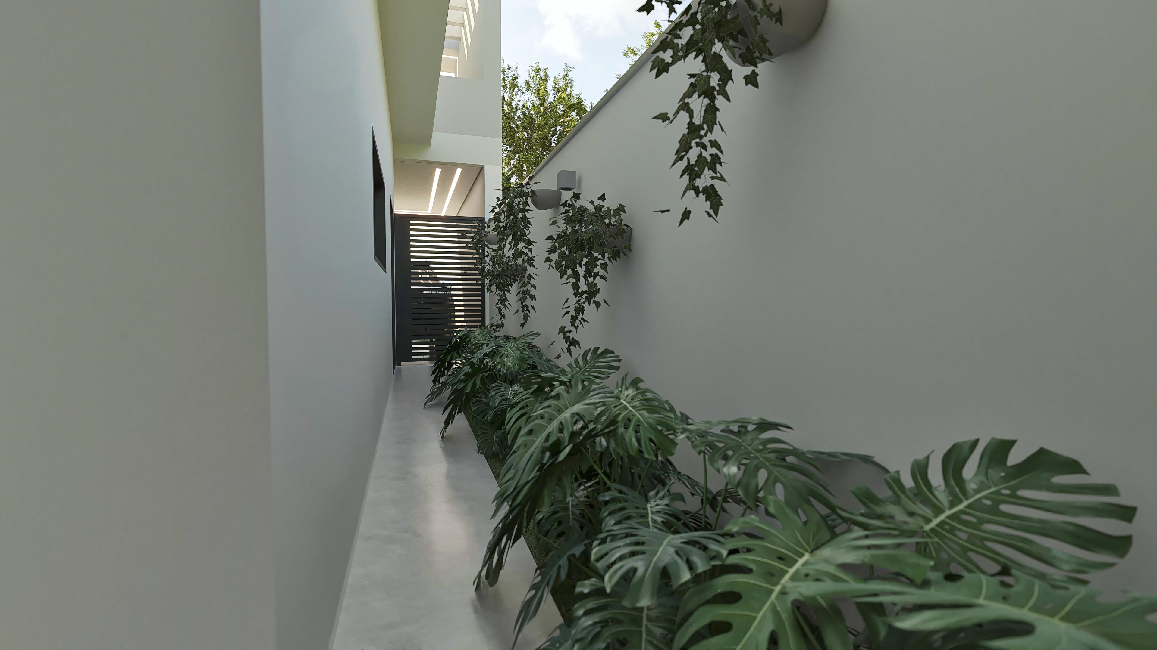 Fachada moderna de sobrado com amplas aberturas e detalhes em madeira, integrando áreas externas e internas. Destaque para o paisagismo exuberante.