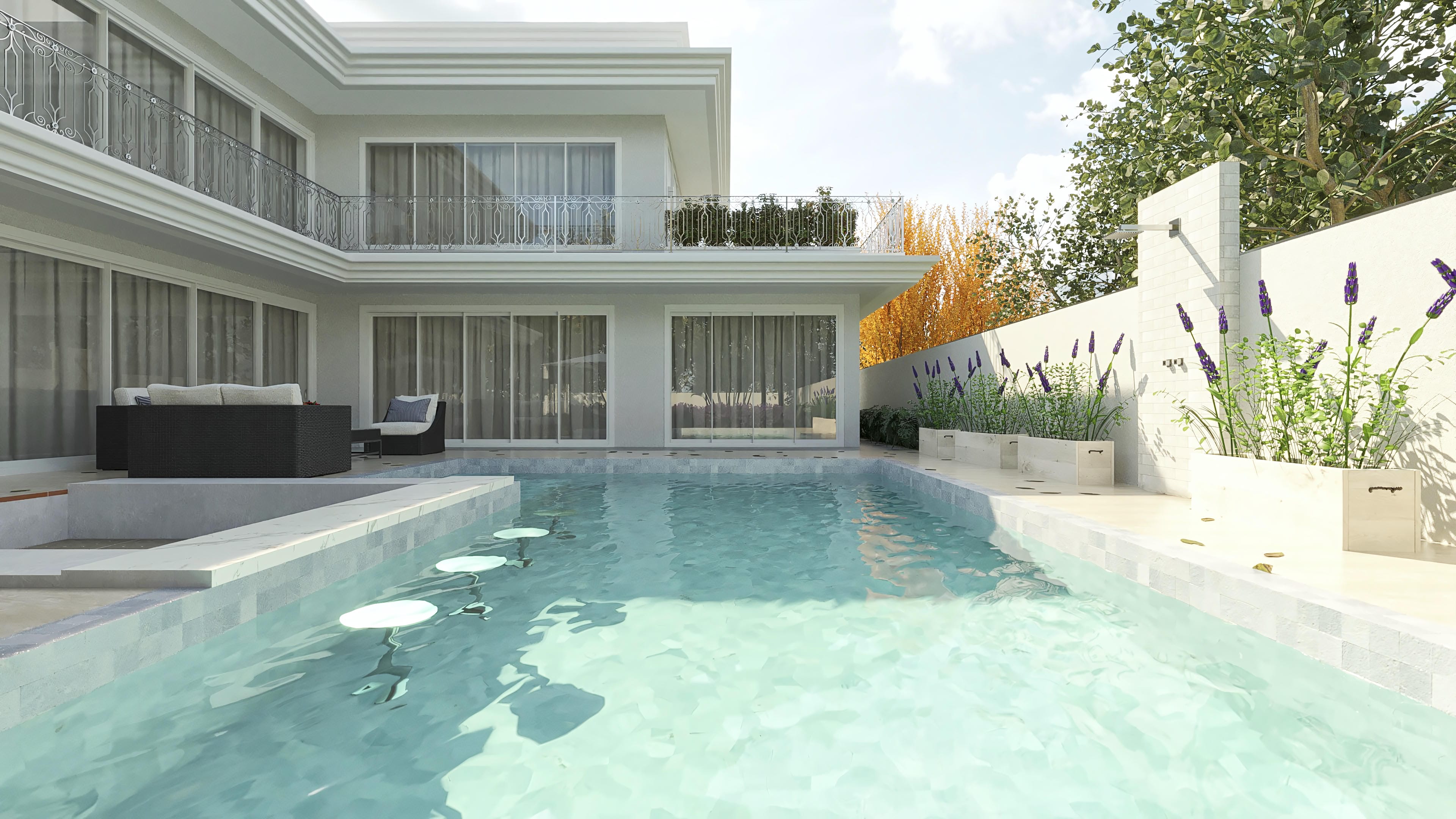 Neoclassical facade of a high-standard two-story house with pool and integrated gourmet area.