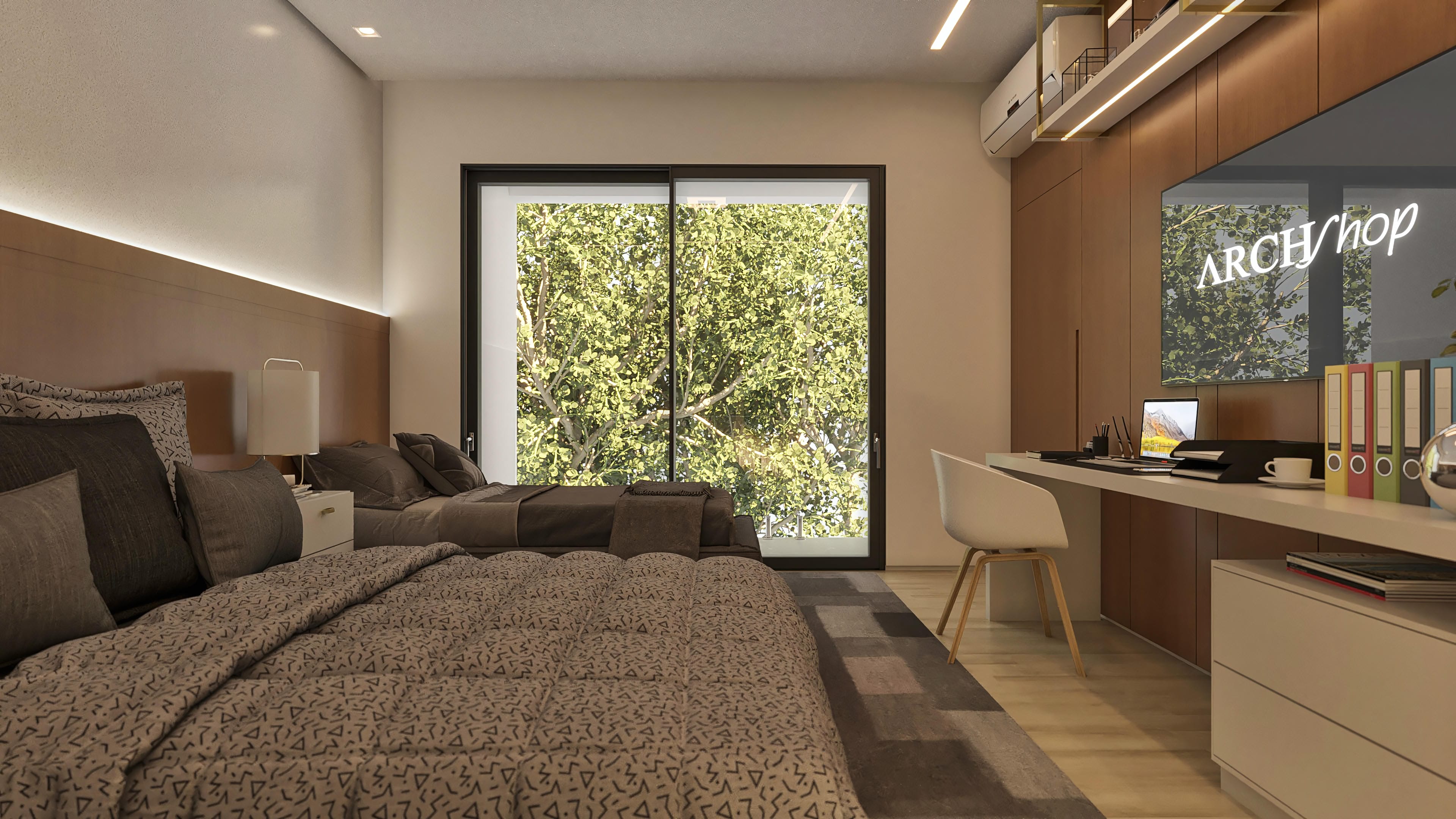 Interior of a luxury bedroom with double bed, office, and large window overlooking lush vegetation.