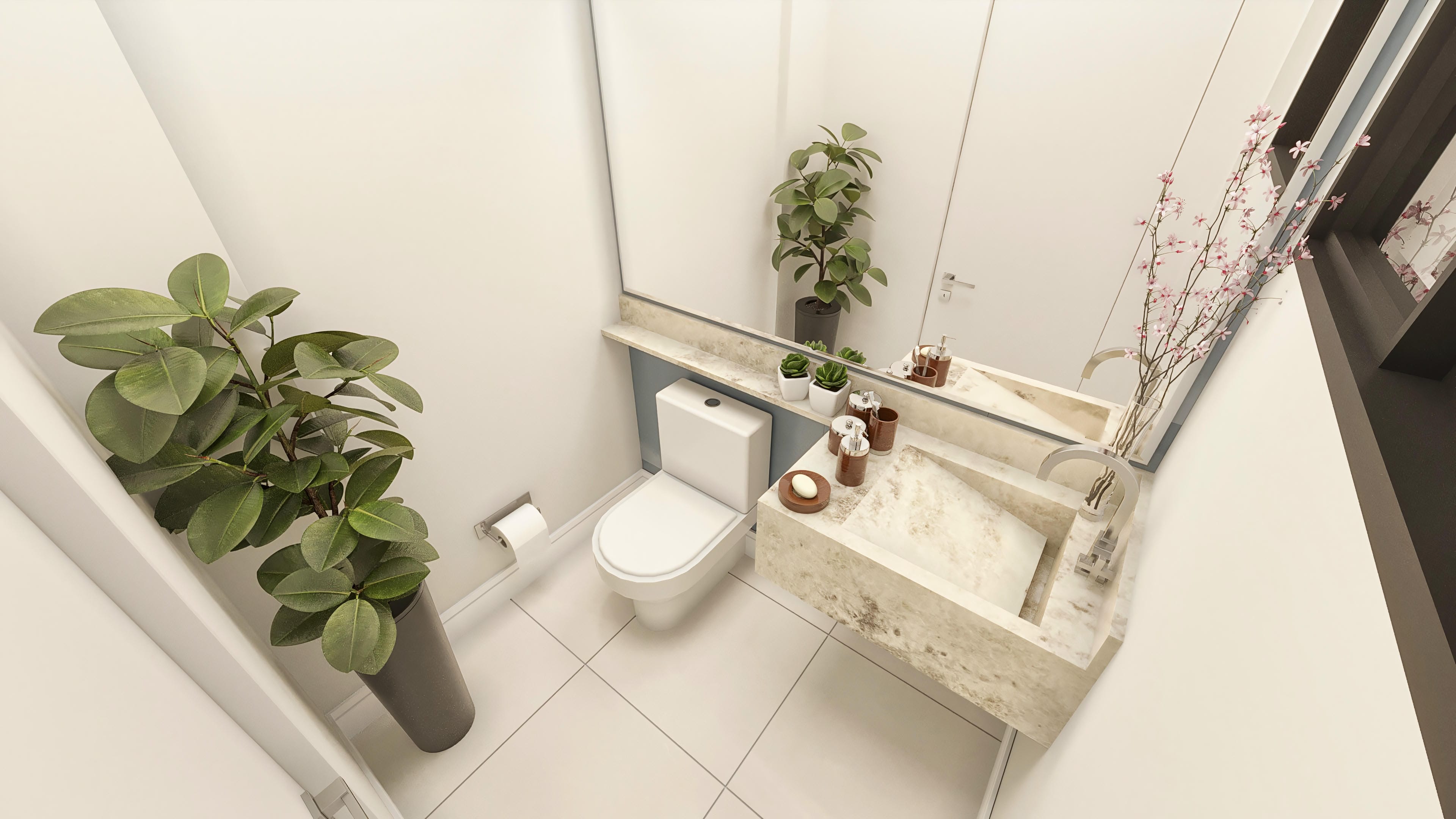 Detalhe de lavabo moderno com cuba esculpida em mármore claro, espelho amplo e vaso sanitário suspenso. Decoração com plantas e porta-rolos de parede.