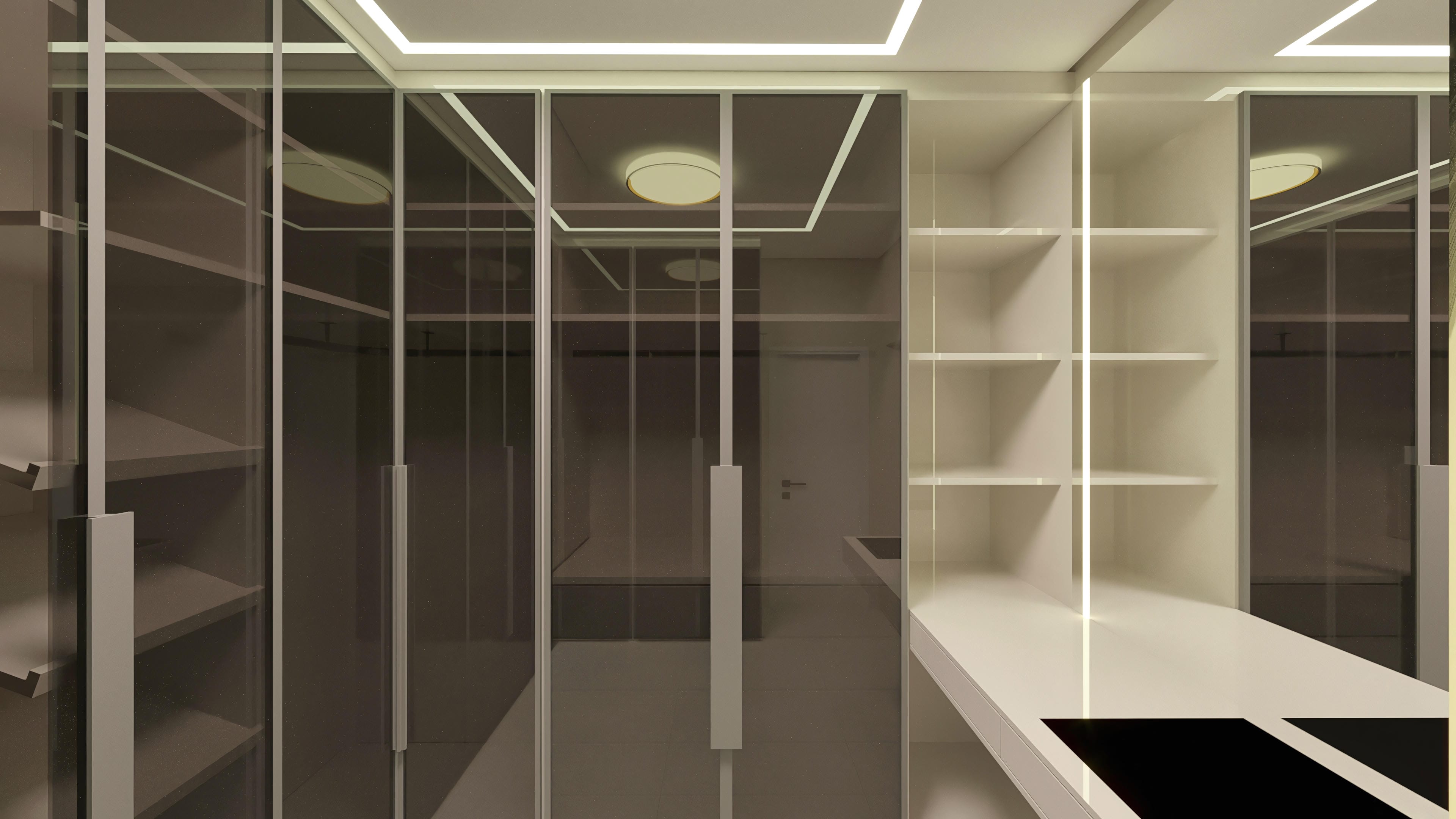 Interior of a modern closet with custom cabinets, LED-lit shelves, and mirrored doors.