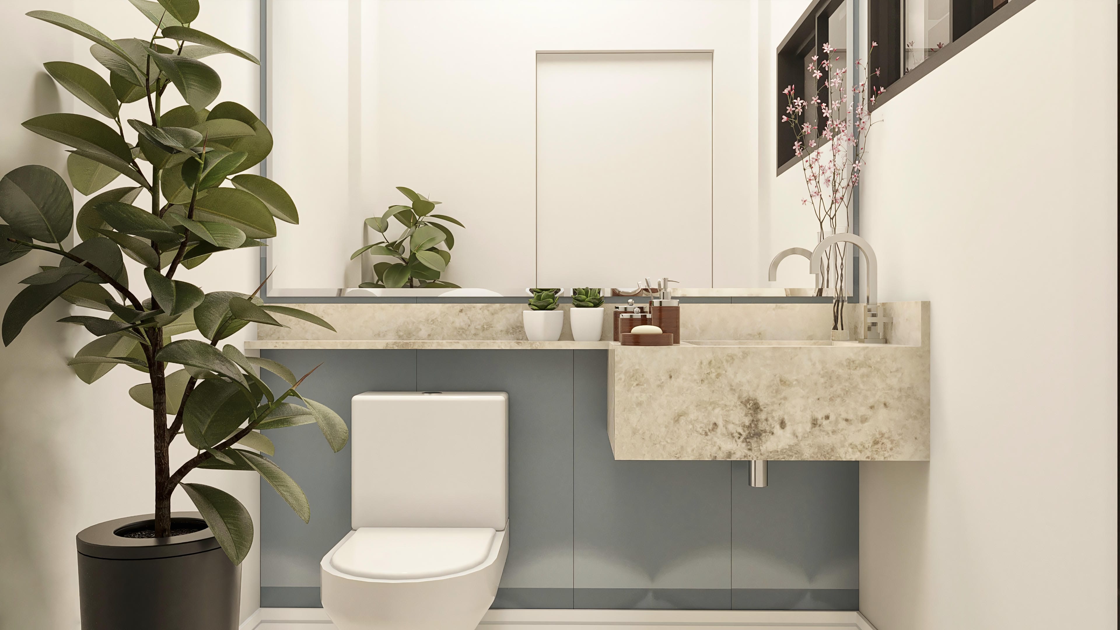 Interior de banheiro moderno com vaso sanitário branco de design clean, bancada em mármore com cuba esculpida e torneira alta. Vasos de plantas decoram o ambiente.