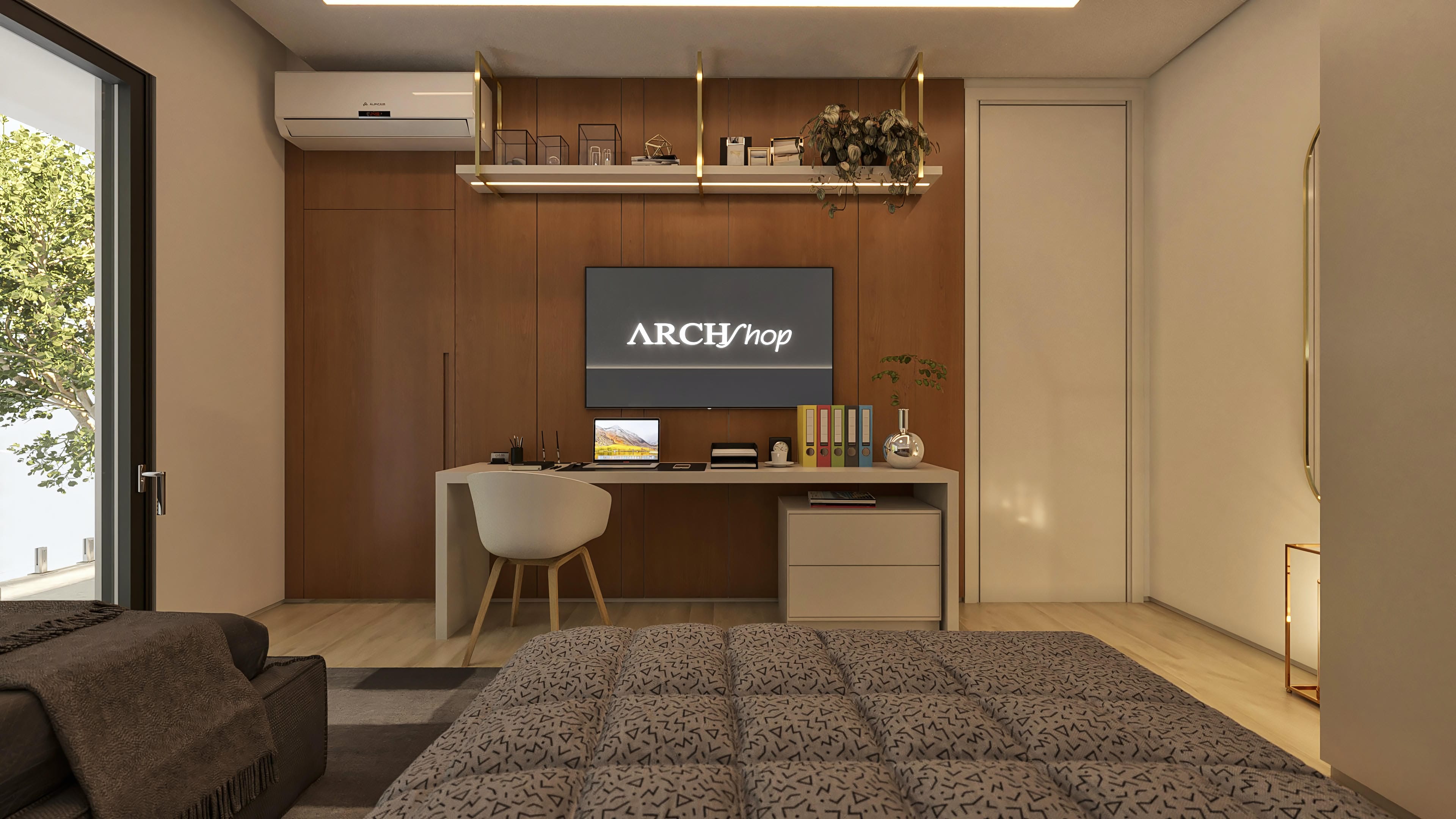 Modern office with wood panel, minimalist desk, ergonomic chair, and air conditioning.