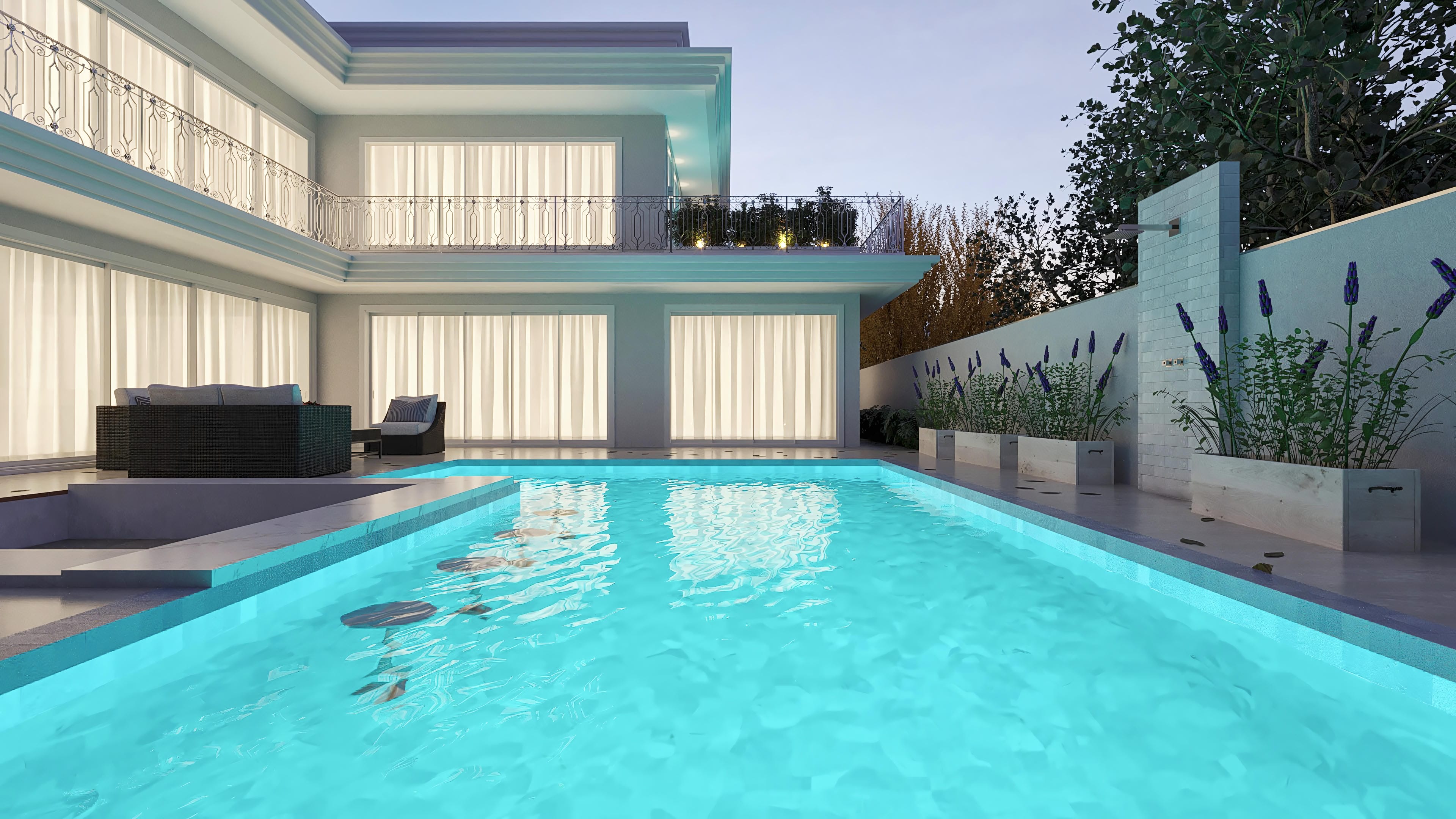 Proyecto de casa de dos plantas neoclásica de alto estándar con fachada clásica, 5 habitaciones, piscina y área gourmet integrada, ideal para terrenos planos y regulares.