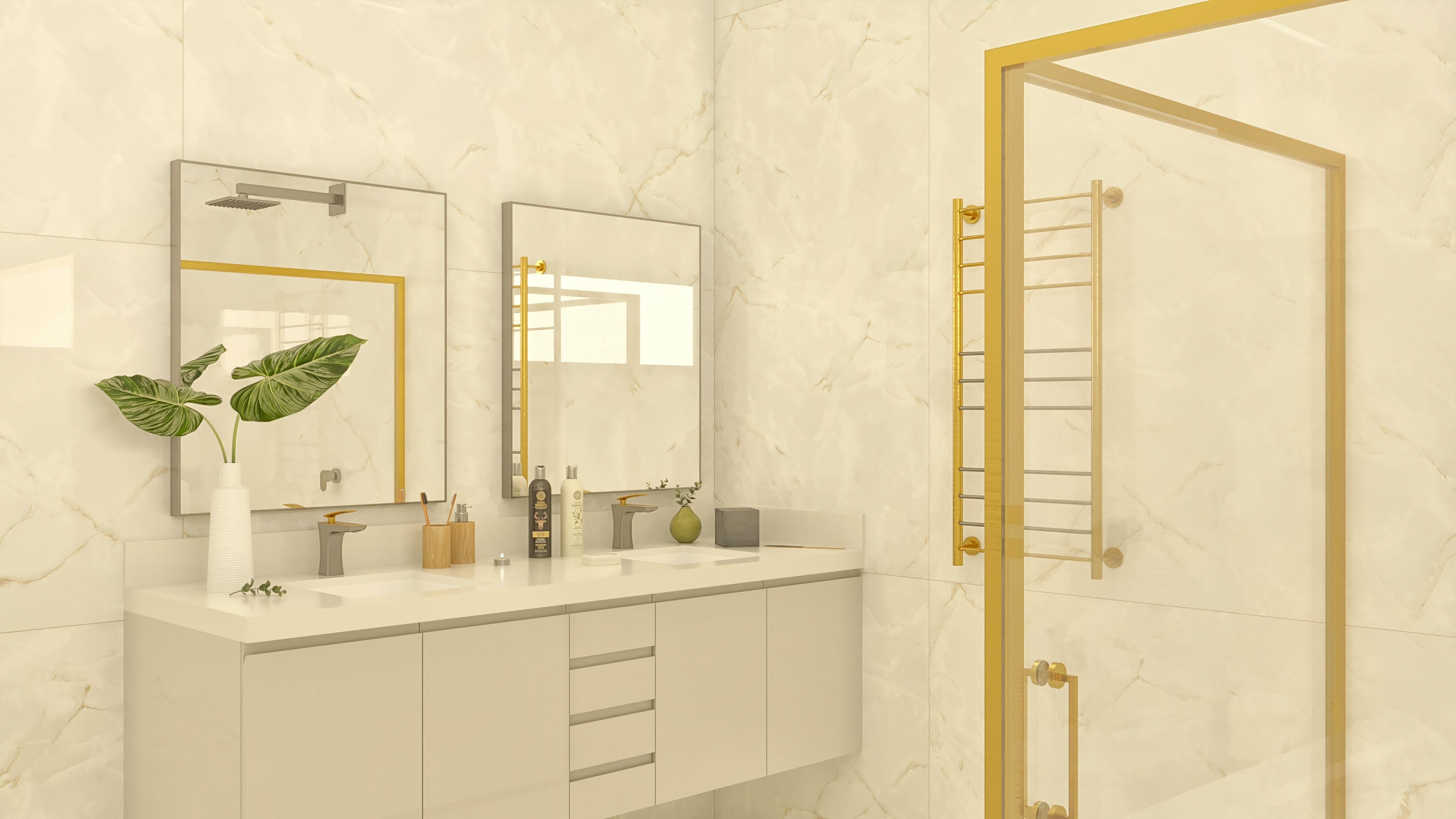 Interior de un baño de lujo con amplia encimera, dos espejos y ducha con acabado dorado, recubierto de porcelanato imitación mármol.
