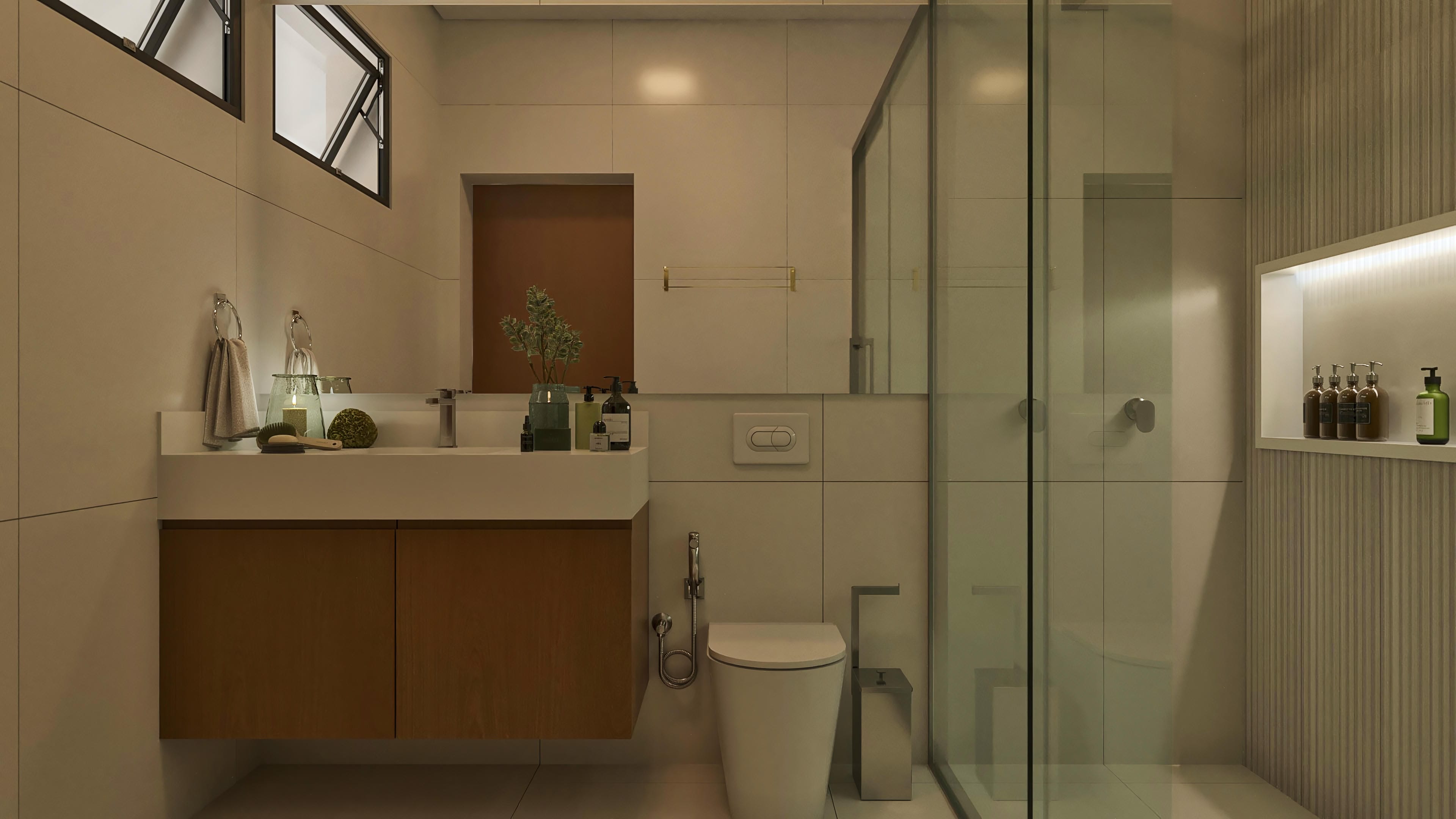 Modern bathroom with white countertop, slatted wood cabinet, large mirror, glass shower enclosure, and illuminated niche. Finishes in neutral tones and sophisticated details.