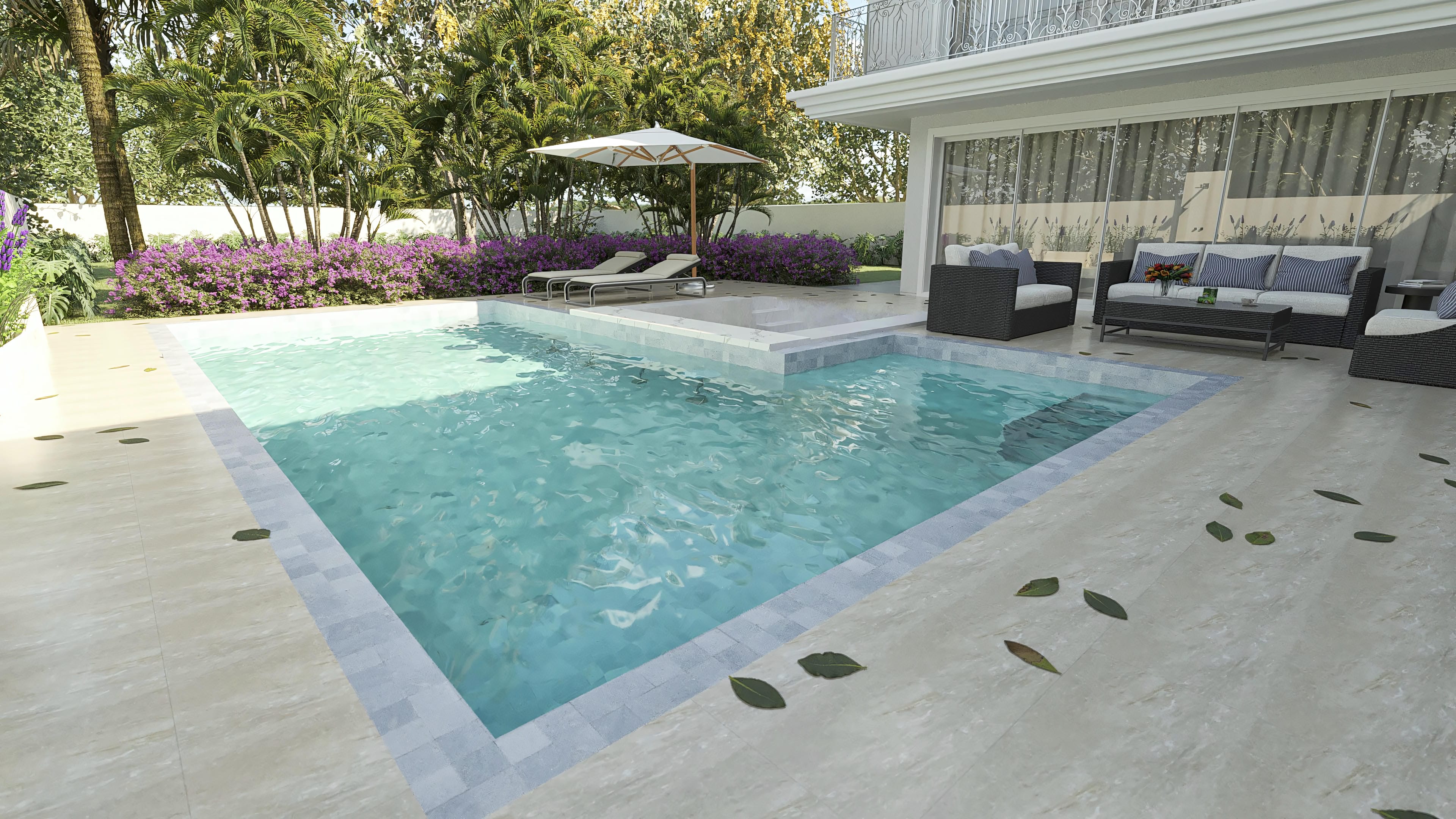 External view of a high-standard neoclassical two-story house with an inviting pool, gourmet area, and lush landscaping.