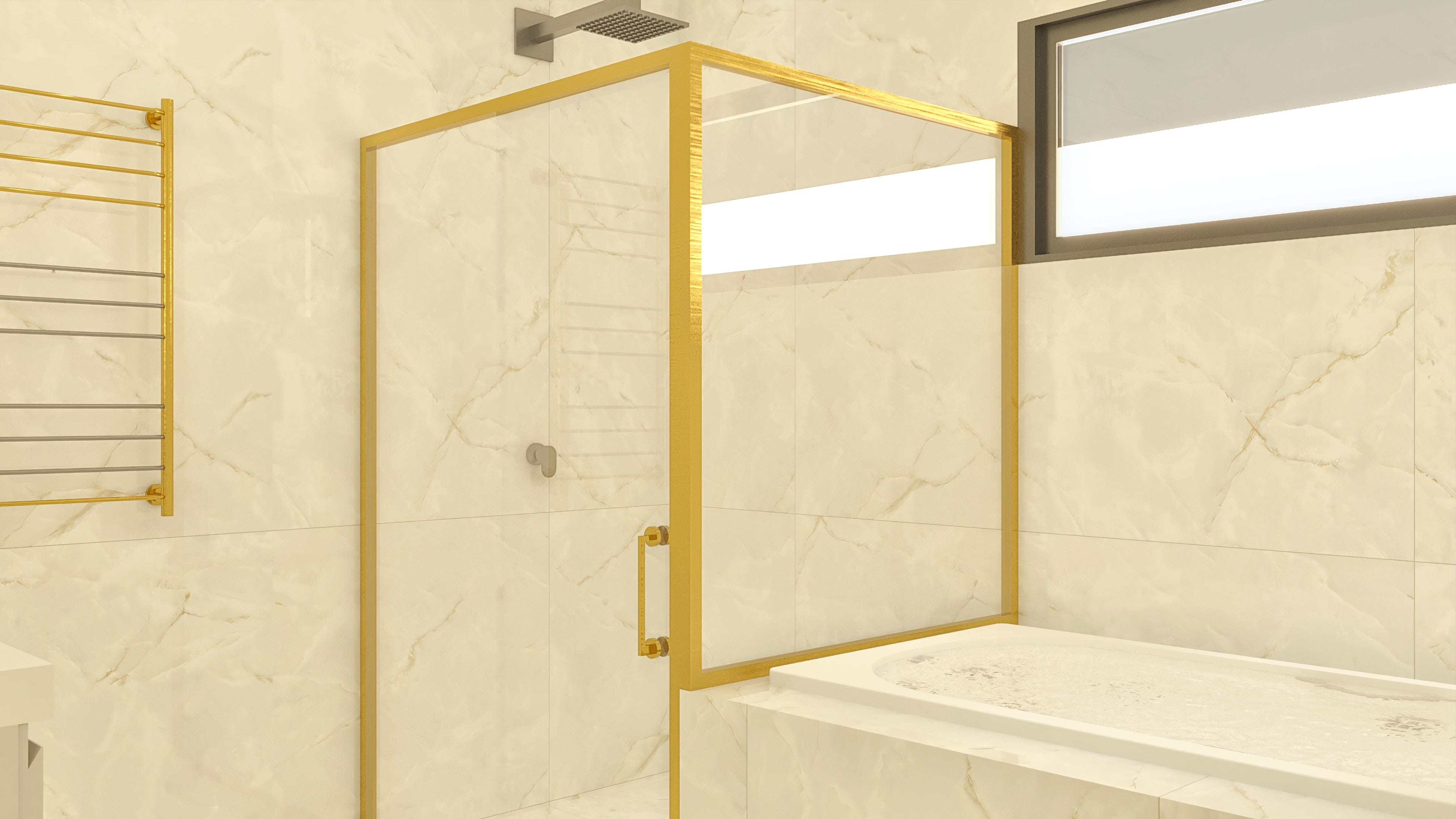 Interior de un lujoso baño con revestimiento de mármol claro, cabina de ducha con perfilería dorada, moderna ducha y bañera. Detalles dorados y materiales nobles.