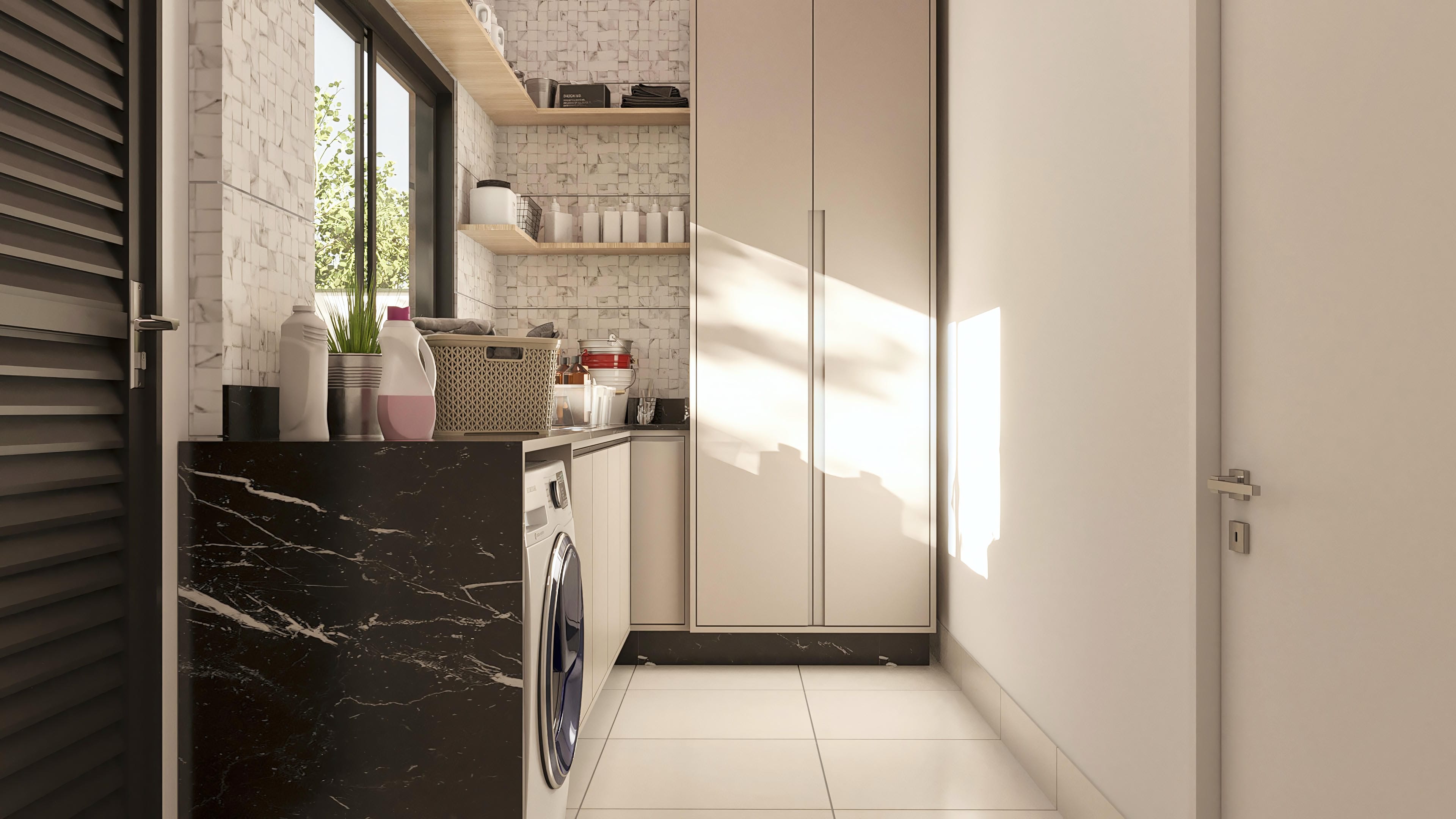 Detail of a laundry room with a dark marble countertop, white planned cabinets, and textured ceramic cladding.