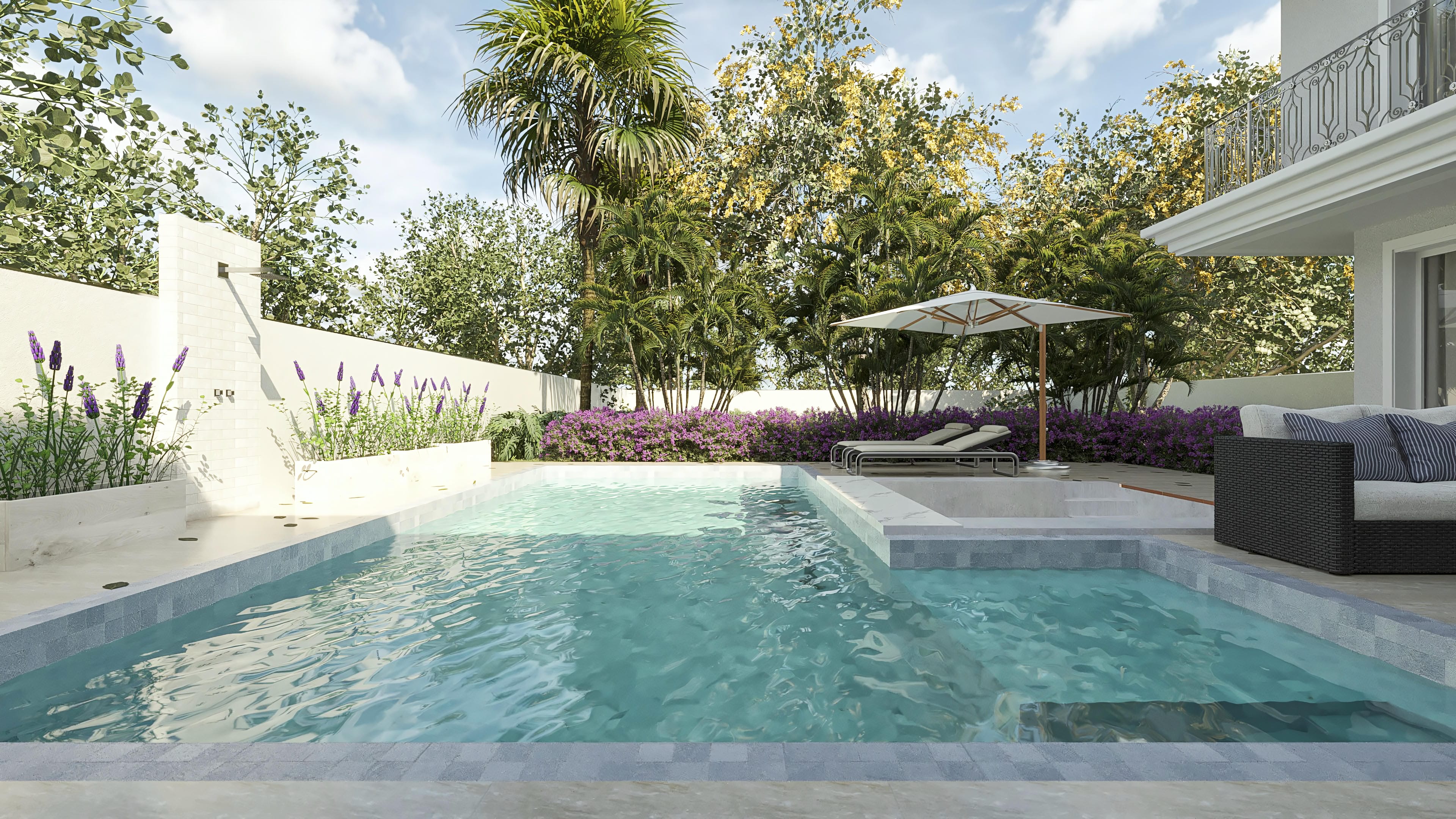 Leisure area of a neoclassical two-story house with pool and lush landscaping, ideal for high-standard projects with a gourmet area.
