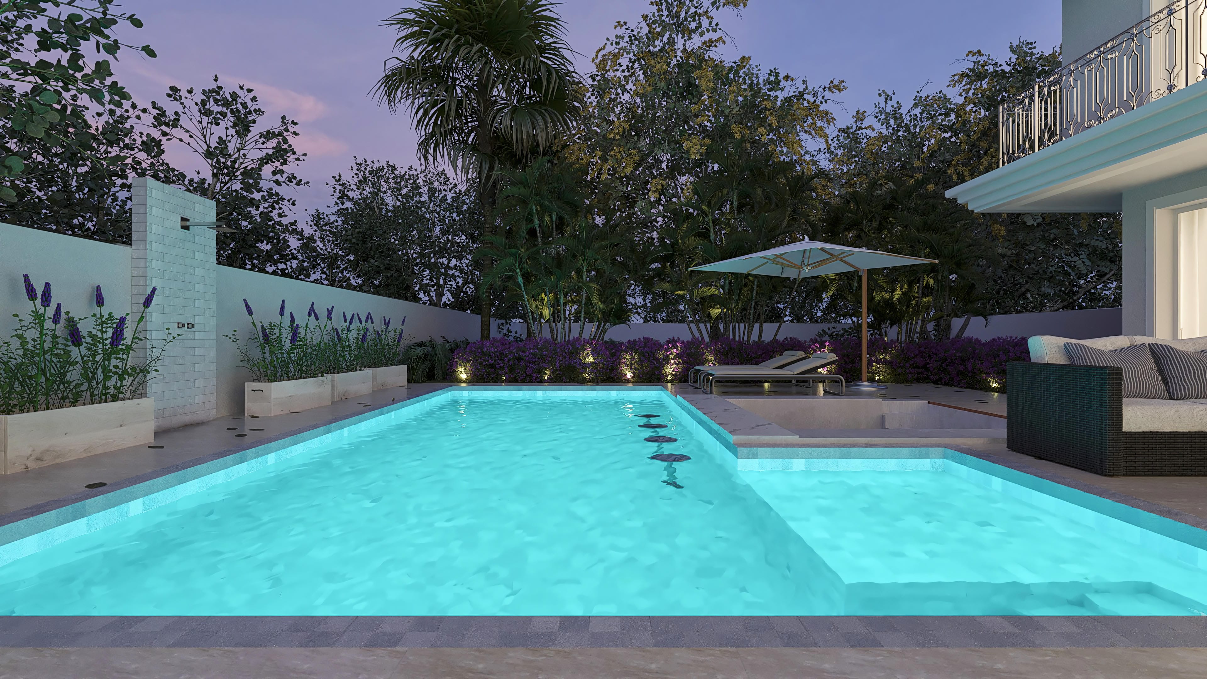 Vista exterior de casa de dos plantas neoclásica con piscina iluminada y área gourmet con muebles elegantes al atardecer.