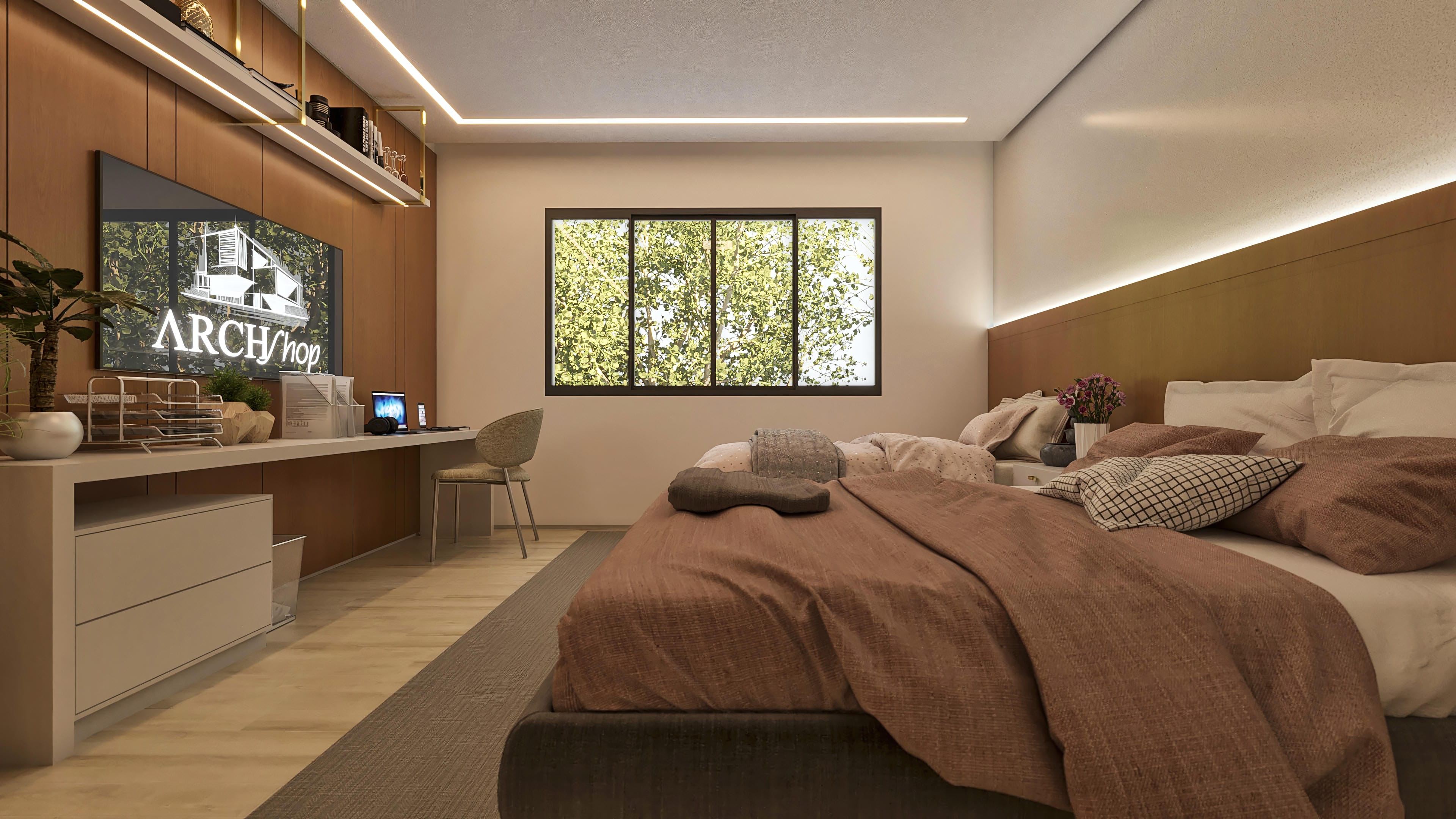 Interior of a sophisticated bedroom with wood-clad walls, comfortable bed with earthy-toned bedding, and recessed LED lighting in the ceiling and shelves, promoting a cozy environment.