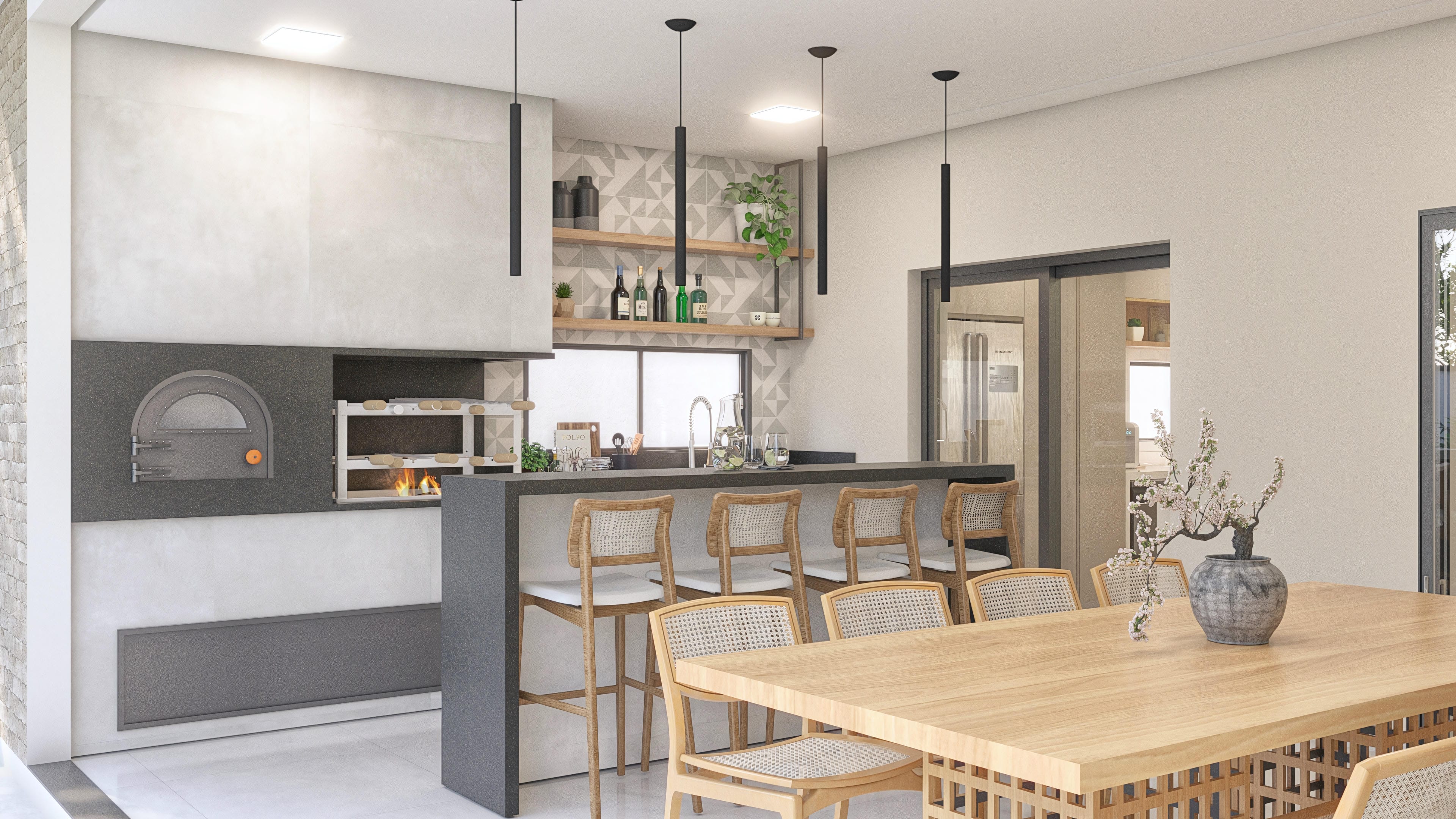 Espacio gourmet moderno con barbacoa, encimera de piedra oscura y sillas de madera con asiento de paja. La mesa de comedor de madera clara complementa el entorno integrado.