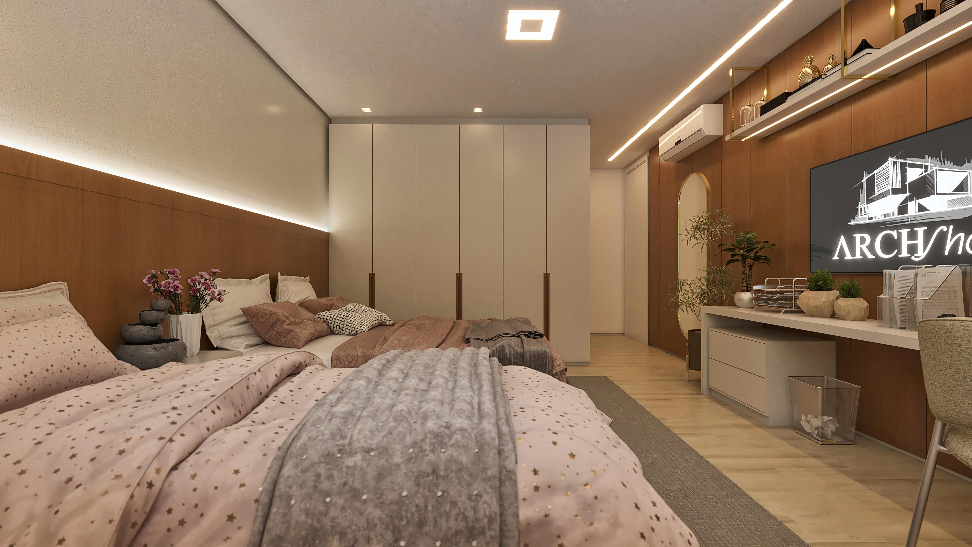 Ambiente interno de um dormitório de luxo com cama espaçosa, armários planejados brancos, painel de madeira amadeirada e área de escritório integrada.