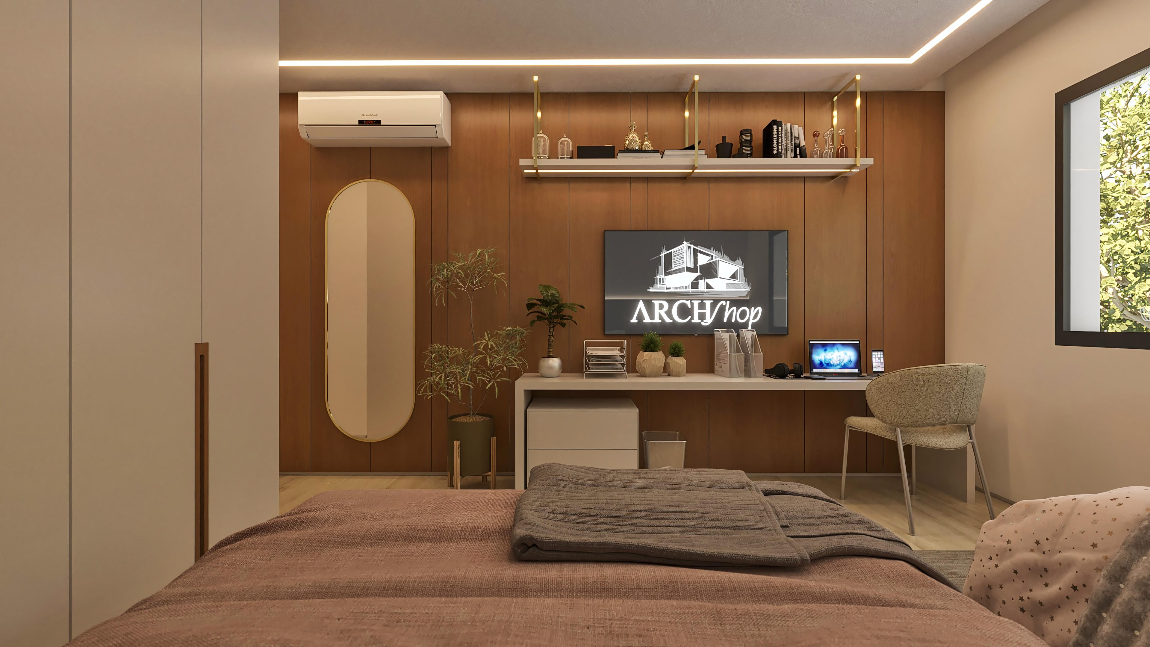 Internal environment of a modern two-story house with wooden panels, oval mirror with golden frame, and built-in LED lighting.