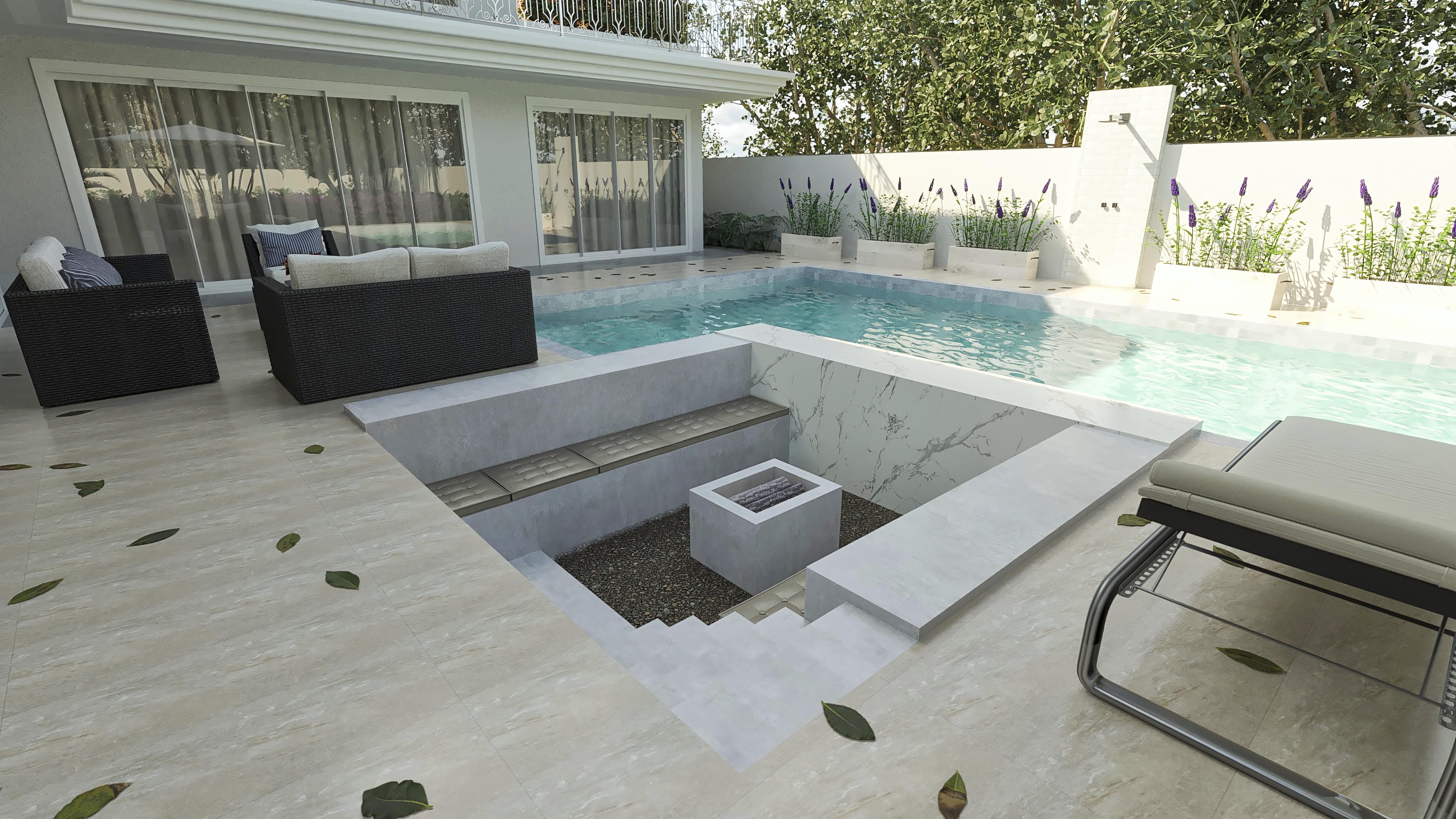 Área de ocio completa con piscina, deck en mármol, área gourmet empotrada y mobiliario moderno en casa de dos plantas neoclásica de alto estándar.