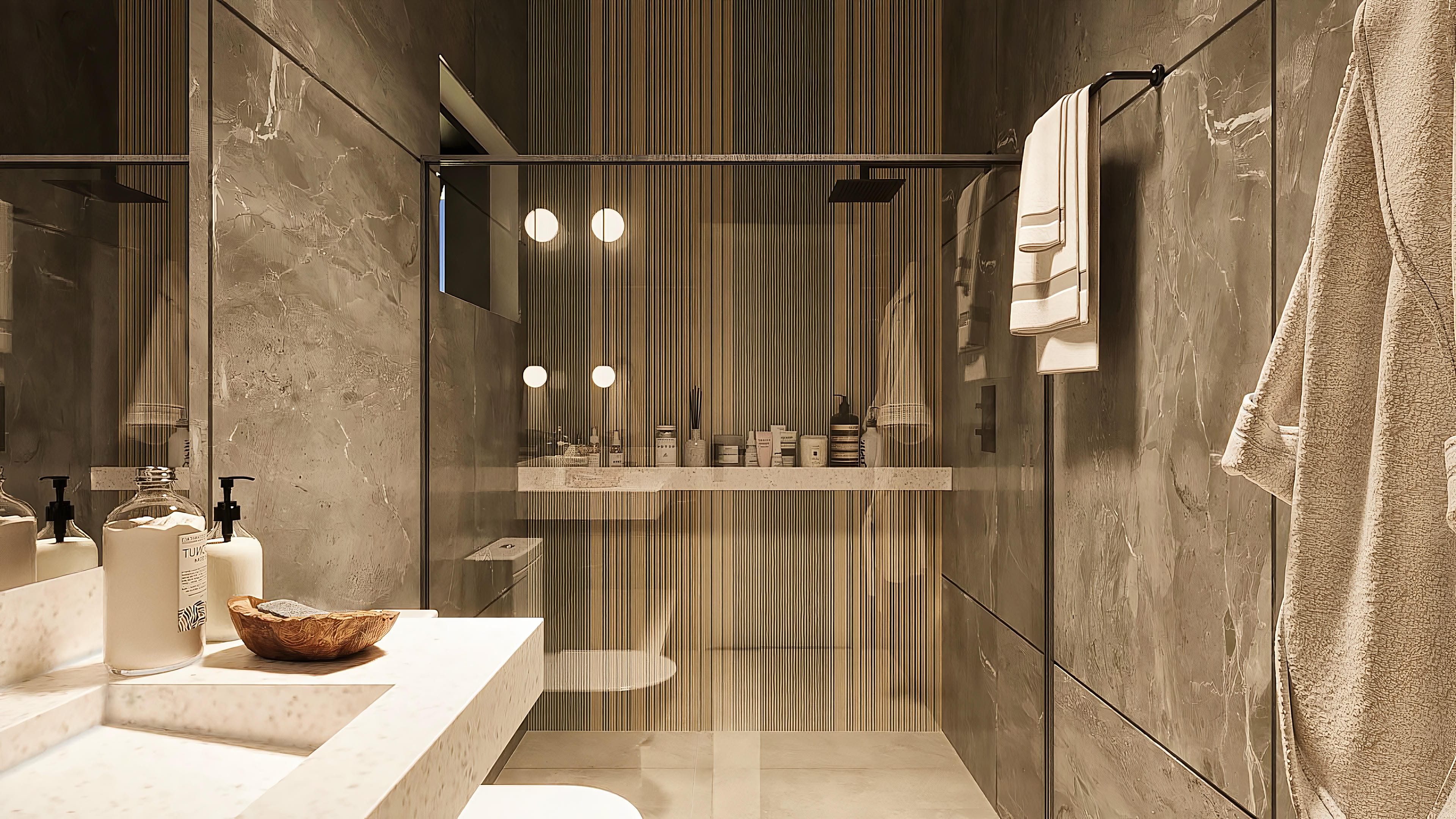 Detalle de baño de alto estándar con paredes revestidas en mármol y panel listonado de madera, encimera de mármol con lavabo esculpido y accesorios.