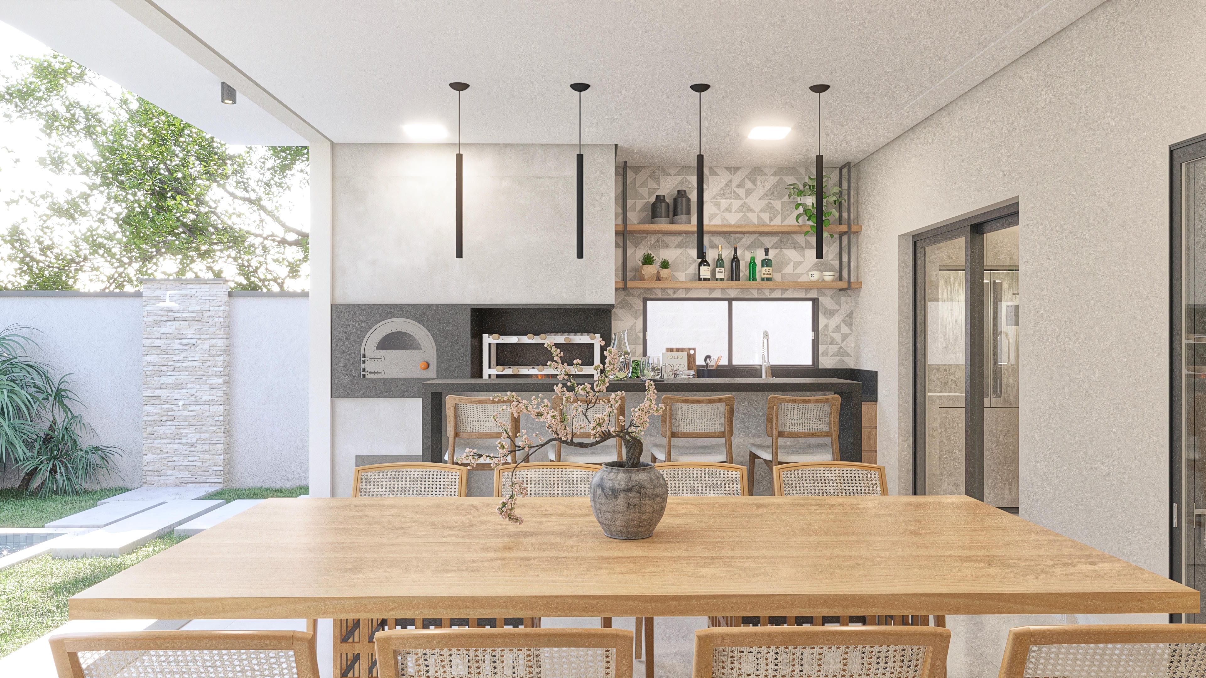 Modern gourmet space with a barbecue grill, wood-fired oven, counter with chairs, and dining table, integrated with the outdoor area and pool.
