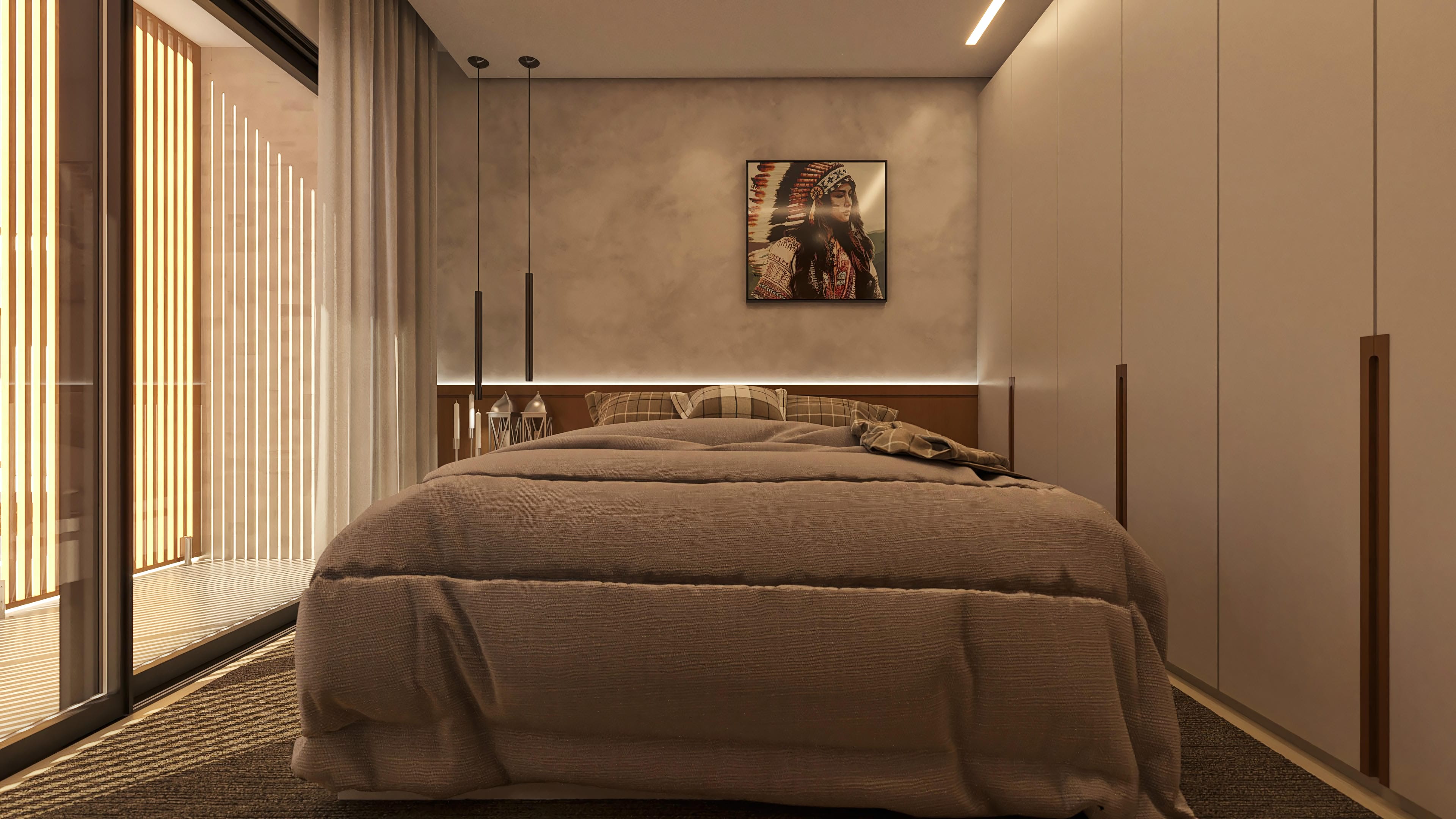 Dormitorio de alto nivel con cama tamaño king, carpintería integrada, iluminación sutil y acceso a un balcón con celosía.
