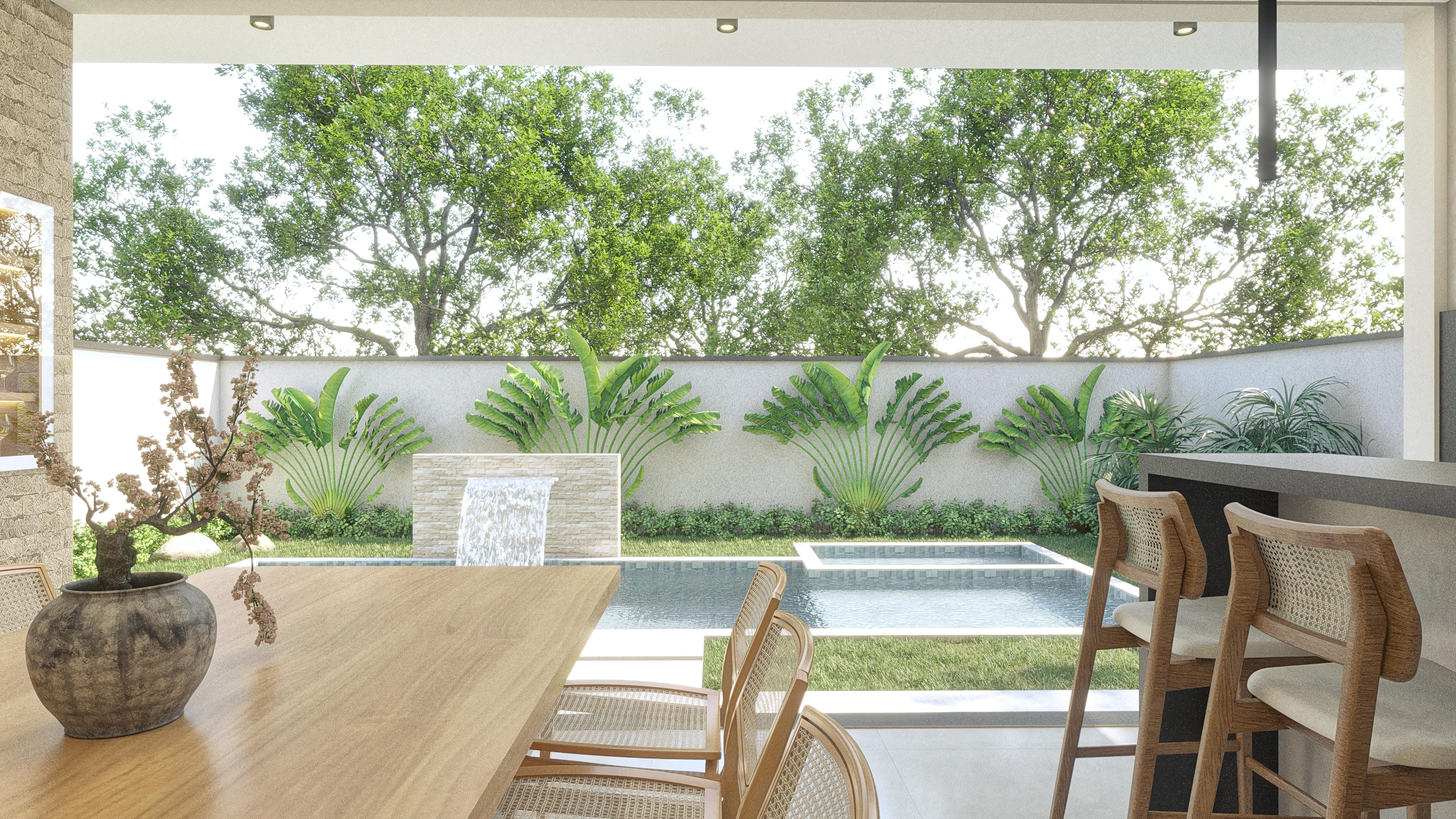 View of the outdoor area of a luxury home, featuring a pool, landscaped garden, and a gourmet area with a counter and chairs.
