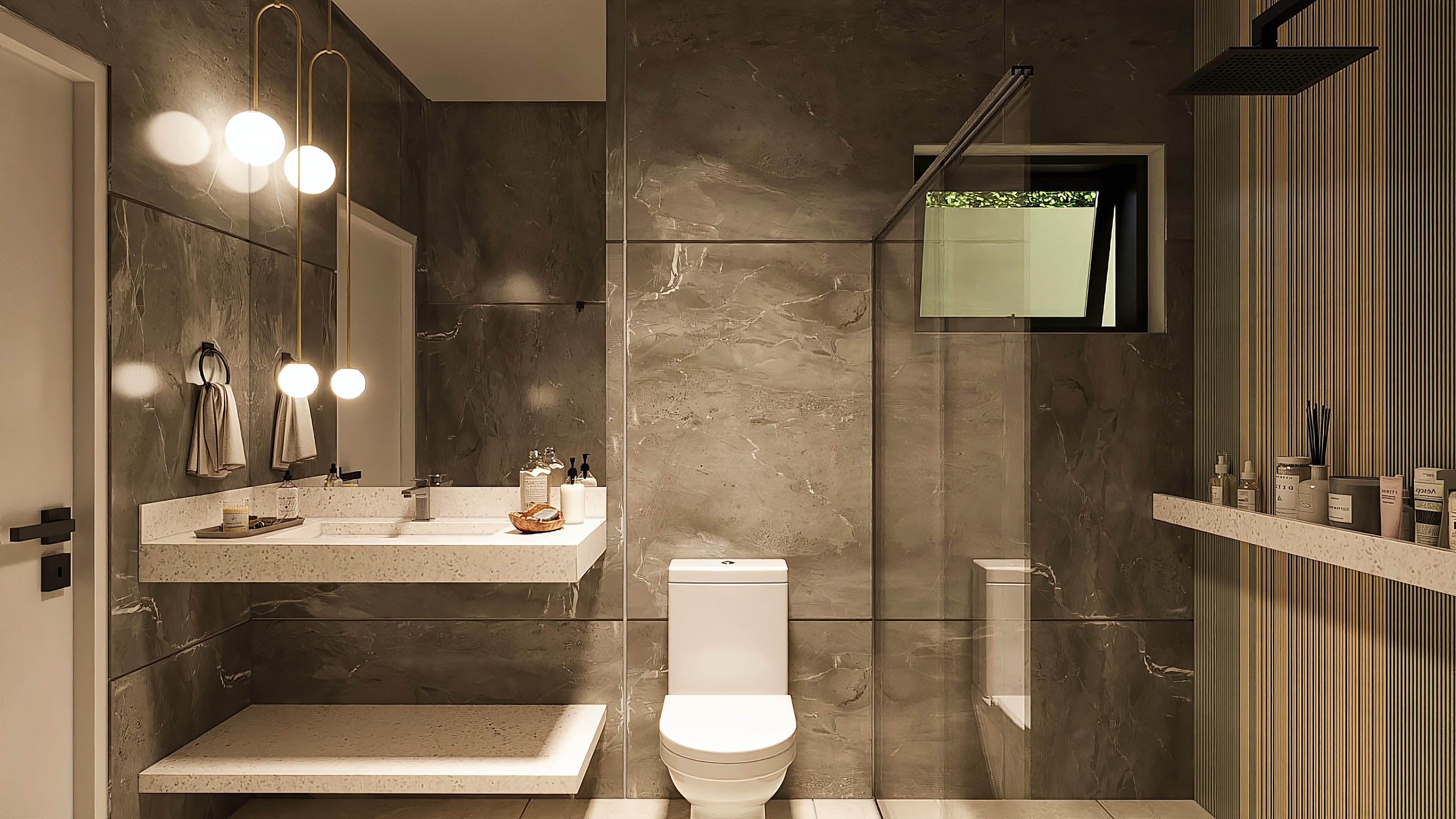 Modern bathroom with marbled porcelain countertop, mirror with sphere lighting, and niche with decorative objects.