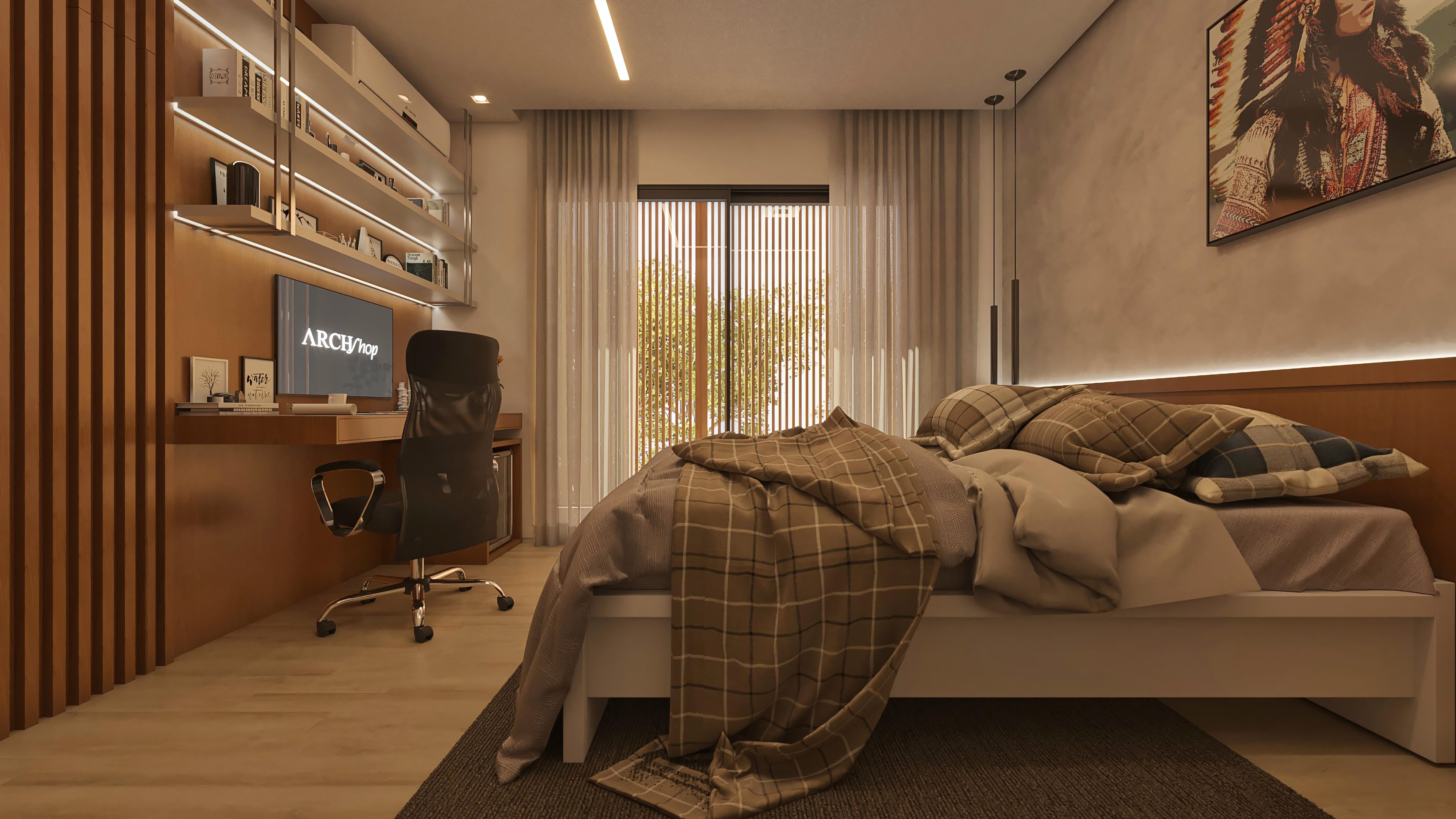 Quarto de alto padrão com escritório integrado, cama ampla com roupa de cama em tons terrosos e detalhes em xadrez, estante minimalista com iluminação embutida e obra de arte temática.