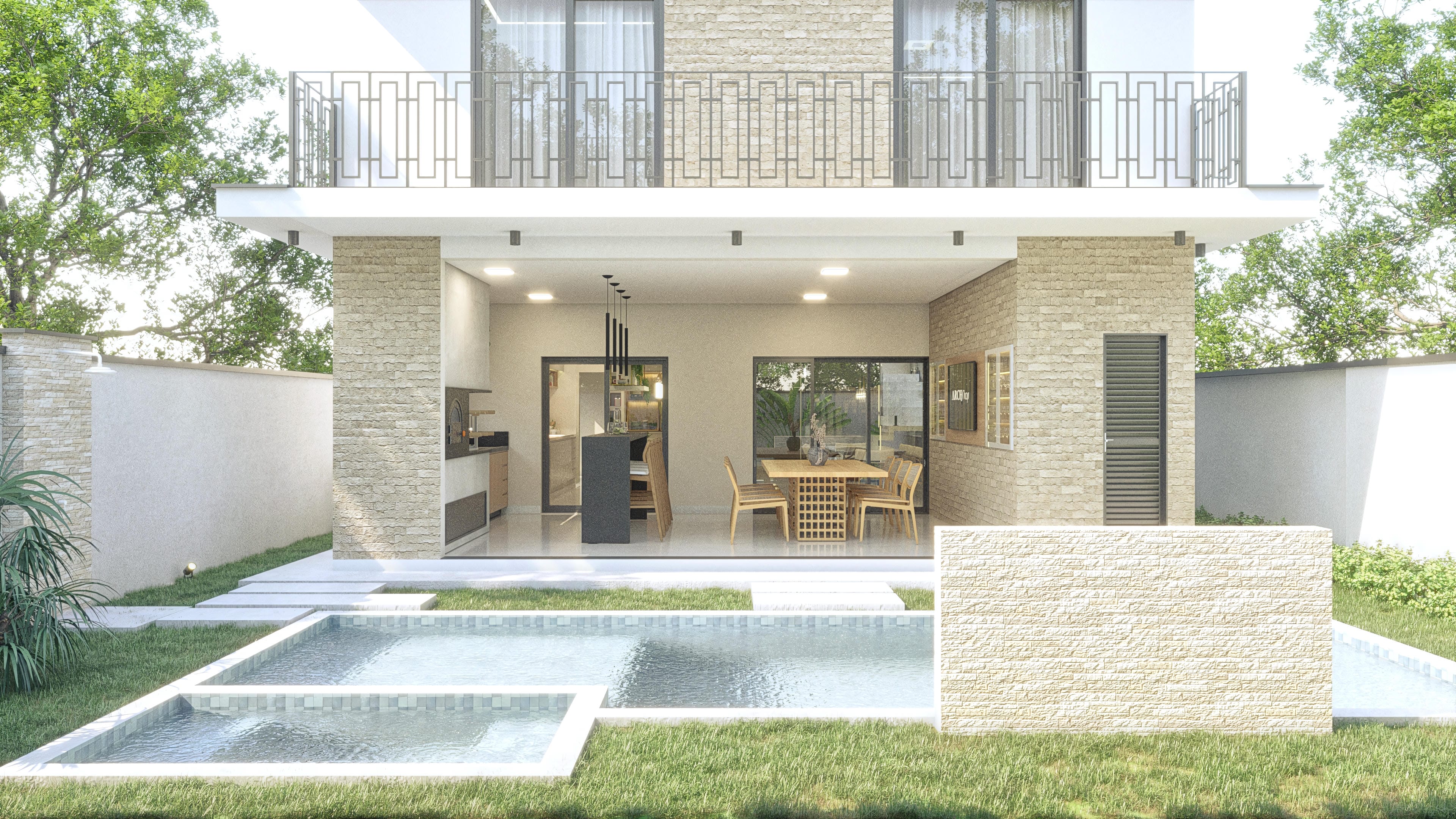 Vista exterior de casa de dos pisos de lujo con fachada clásica, destacando el área gourmet integrada a la piscina, 4 suites y oficina.