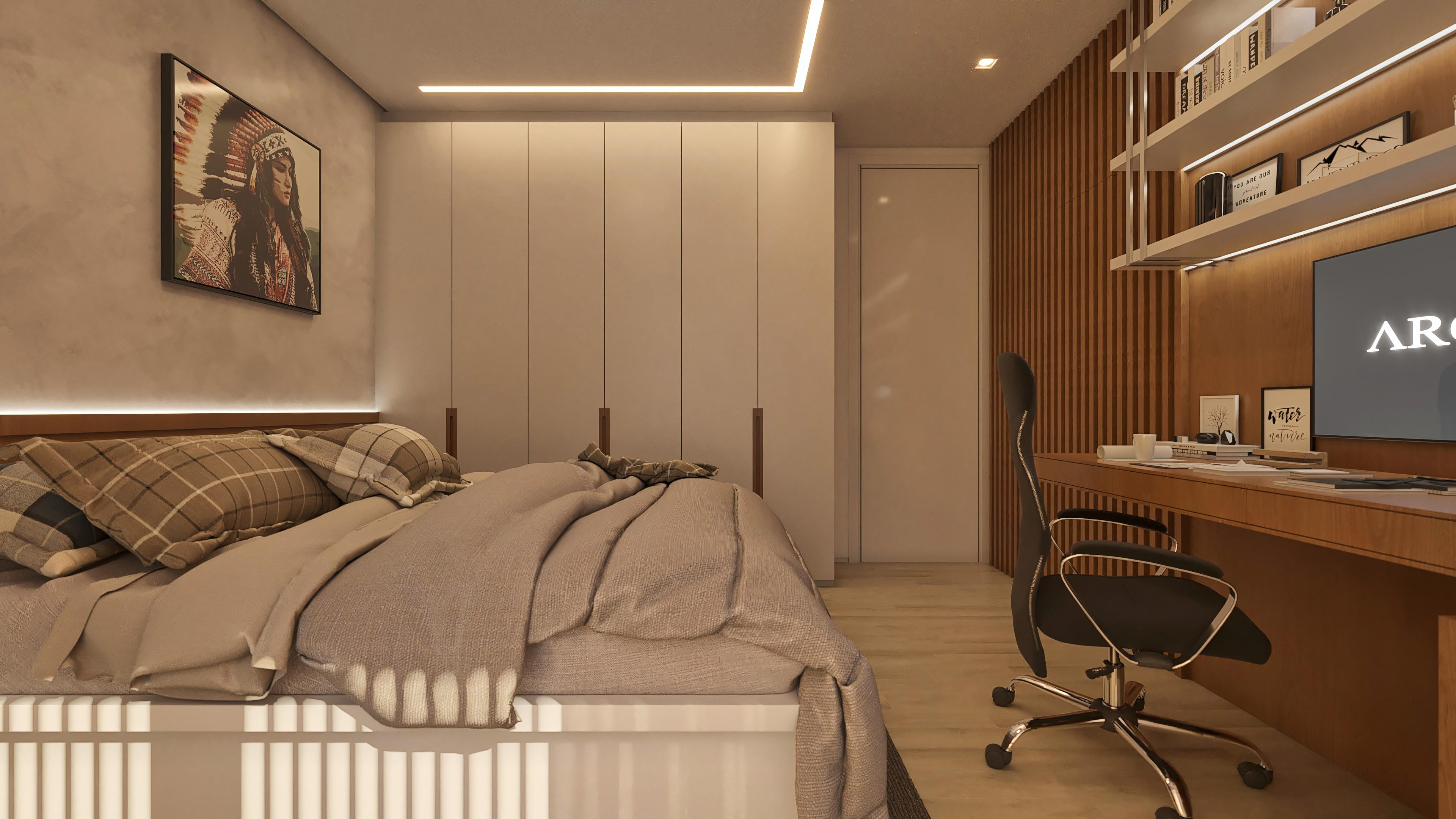 Interior of luxury bedroom with neutral-toned walls, slatted woodwork, and LED lighting. Bed with cozy bedding and full office area.